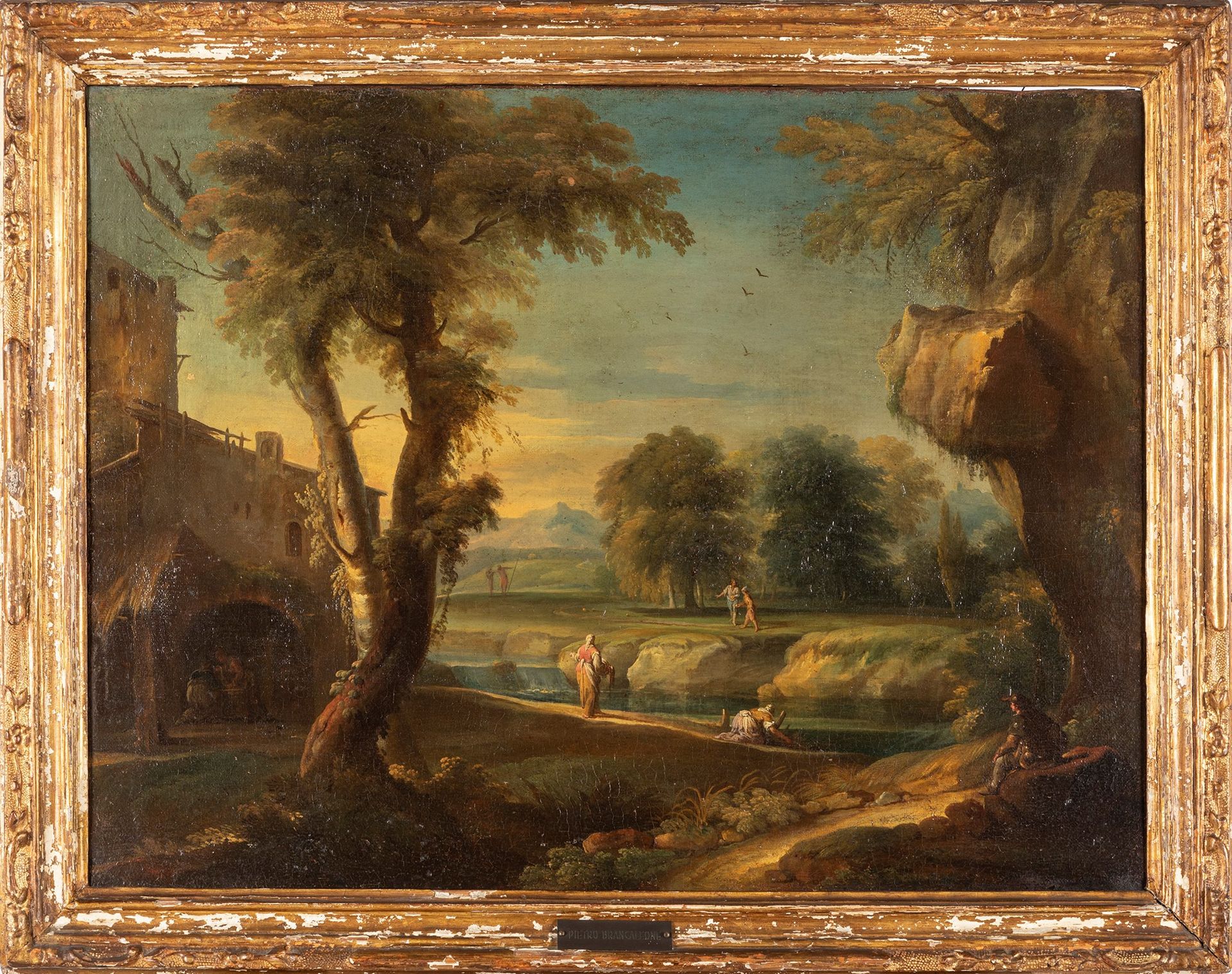 Scuola veneta, secolo XVIII 河边的洗衣女工和流浪者的风景和小屋

布面油画
50.5 x 66 cm
在古董框架中