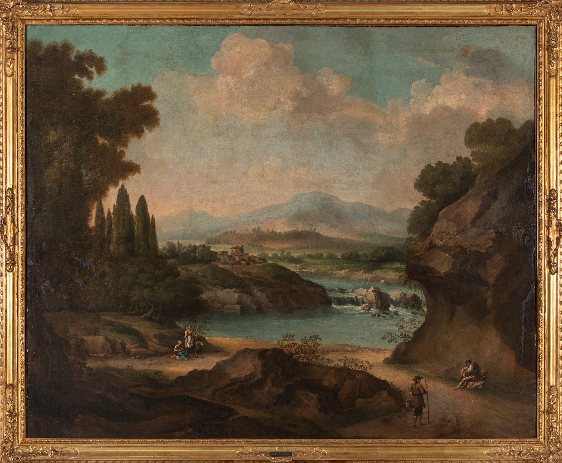 Scuola romana, fine secolo XVII - inizi secolo XVIII River landscape with figure&hellip;