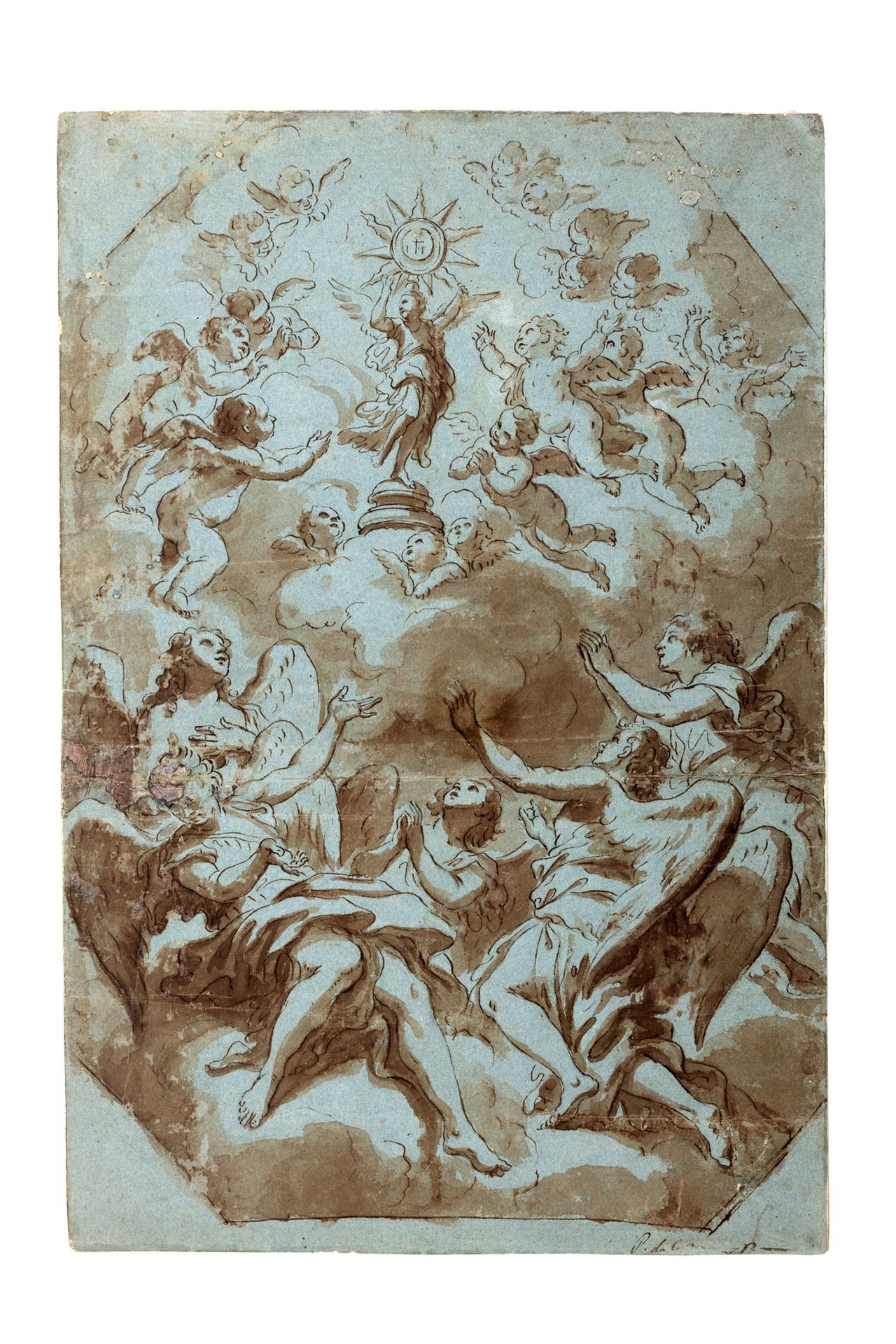 Scuola romana, secolo XVII 耶稣圣名崇拜的壁画研究

蓝色预备纸上的钢笔和棕色墨水
463 x 311 mm
右下角有题字的痕迹 P.&hellip;
