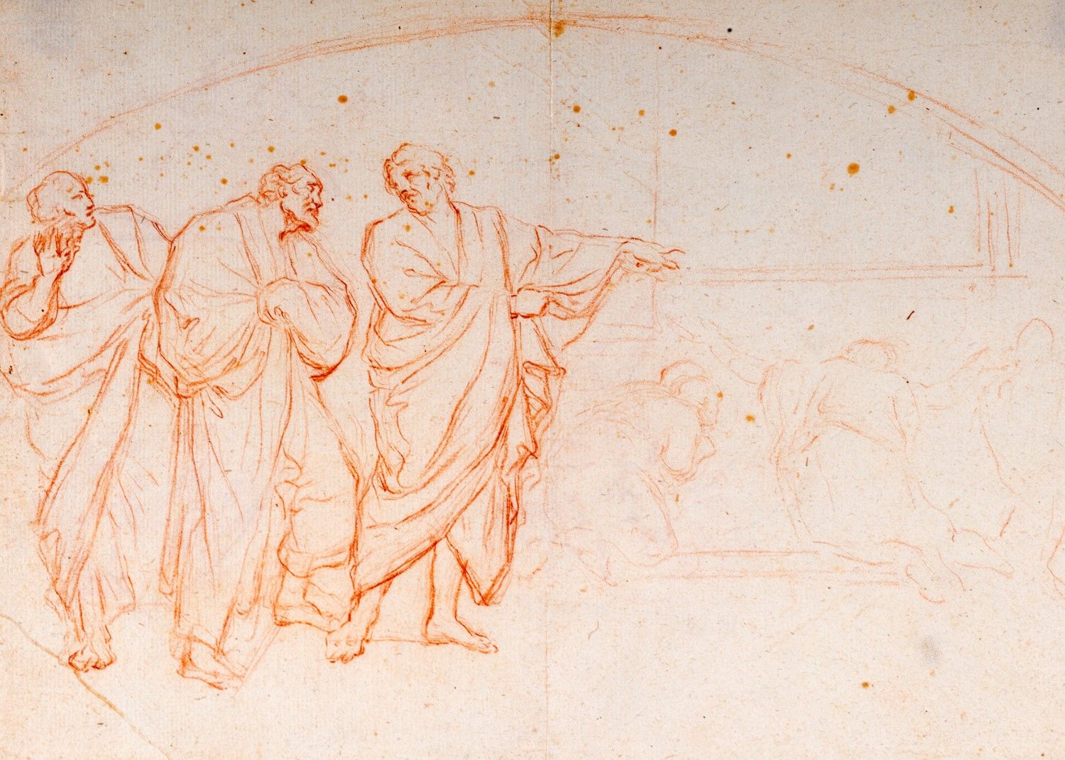 Null 两幅罗马学校的图画，17世纪


 

a) 归属于Andrea Sacchi（罗马1599-1661年）的作品，新月形内三个斗篷人的研究（直面）和人&hellip;