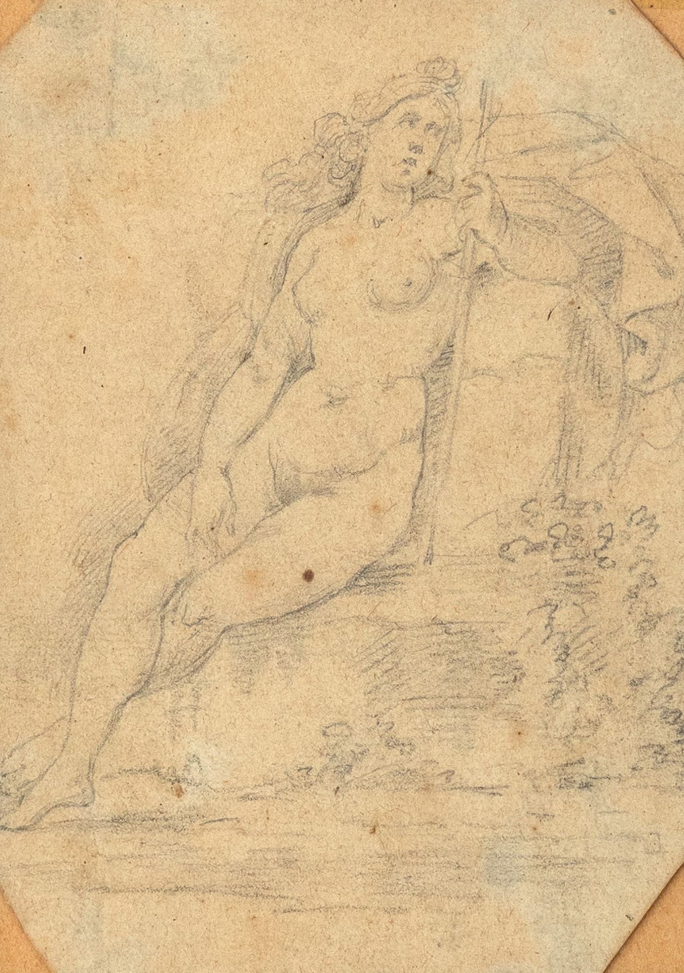 Scuola toscana, secolo XVII 女性裸体研究（戴安娜或寓言人物）

纸上铅笔，在一个八角形内
132 x 100 mm