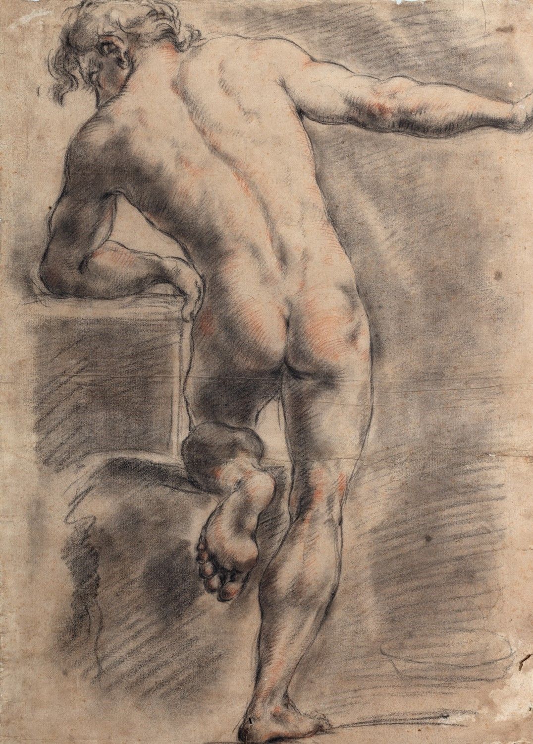 Scuola bolognese, secolo XVIII 从背后看男人的裸体

棕色纸上的黑色铅笔、白铅和粉色水彩
443 x 320 mm
小的损坏和损失