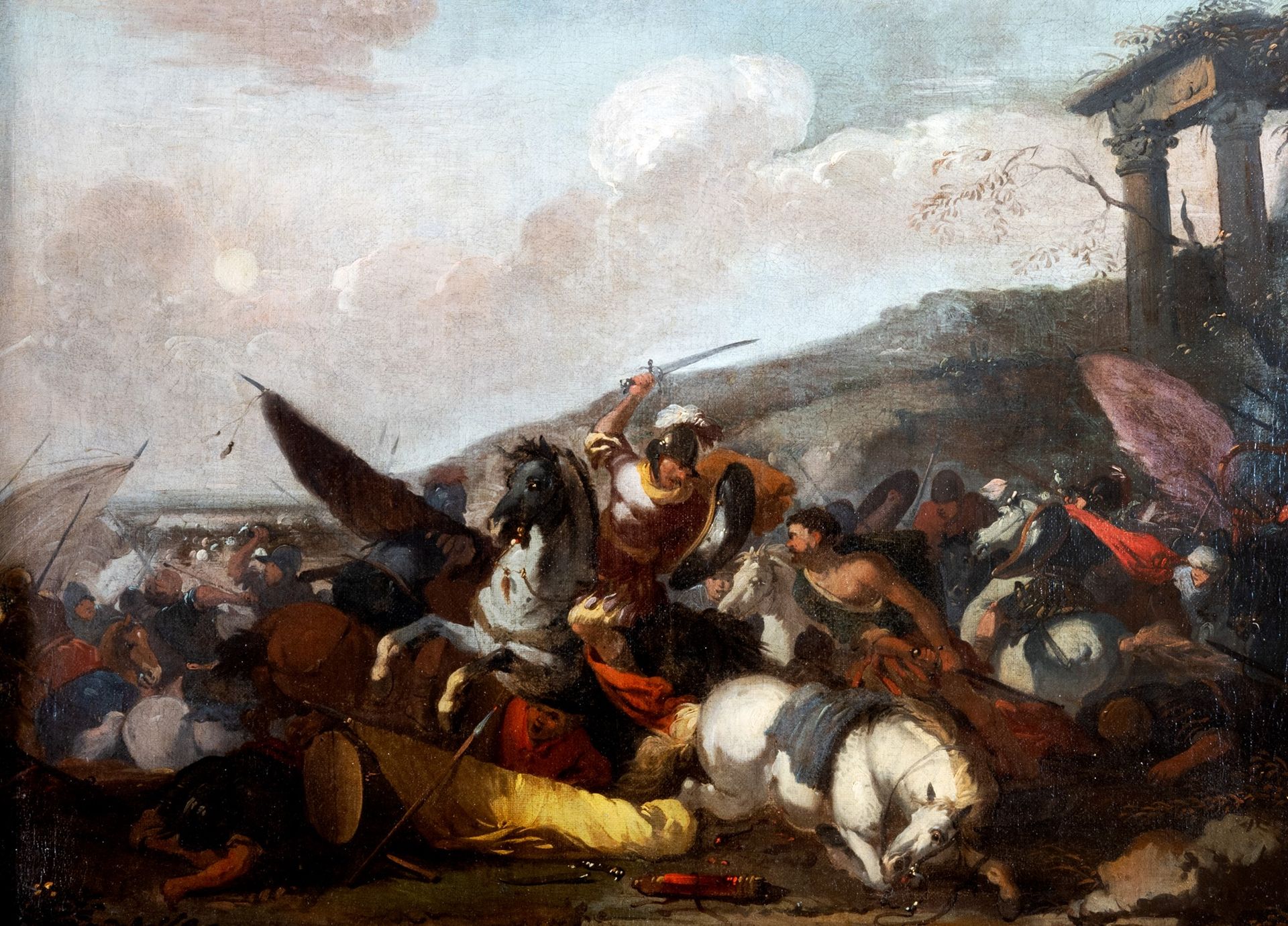 Scuola italiana, secolo XVII Escena de batalla

óleo sobre lienzo
47,5 x 64,5 cm
