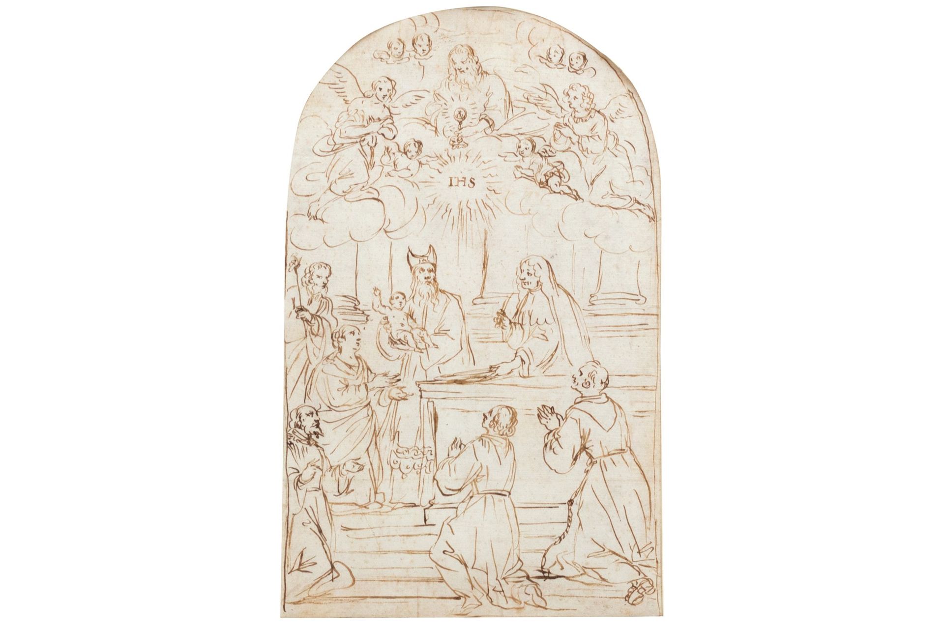 Scuola veneta, secolo XVII 耶稣在圣殿中的呈现

纸上钢笔和棕色墨水
287 x 174 mm
，顶部为拱形。