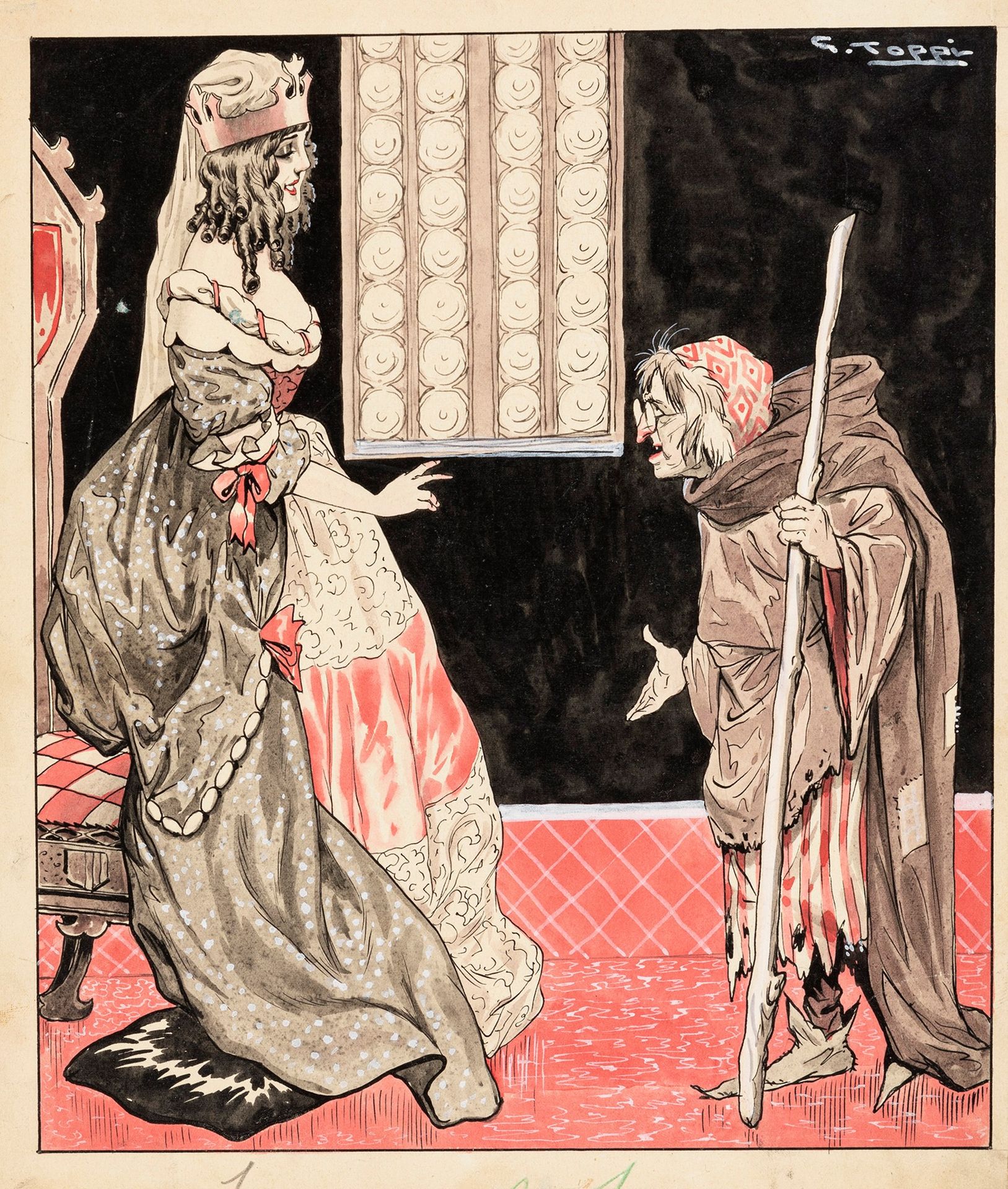 Giove Toppi 童话故事

水墨和蛋彩在薄纸板上的应用
23 x 27 cm
Toppi为Nerbini在1920年代出版的童话故事集所作的原创插图。签&hellip;