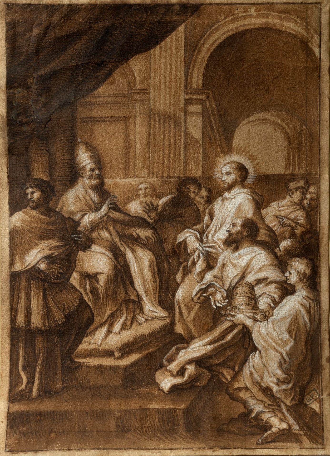 Null Scuola romana, secolo XVII - 圣人向教皇致意

方形纸上的钢笔和棕色水彩墨和biacca
305 x 220 mm