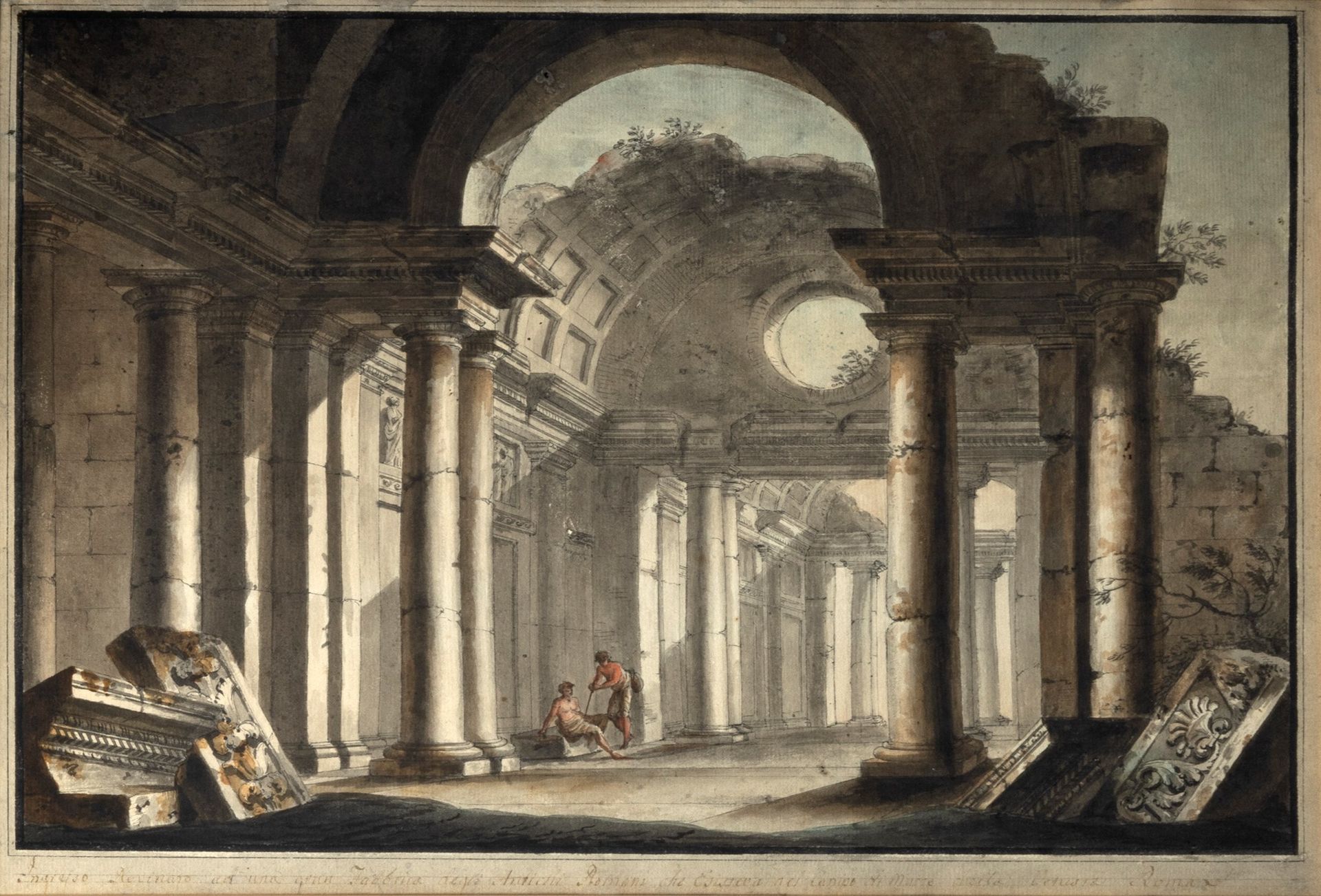 Null 休伯特-罗伯特（Parigi 1733 - 1808）的Cerchia作品--有旁观者的建筑随想曲

纸上水彩
320 x 440mm
下面的题词：N&hellip;