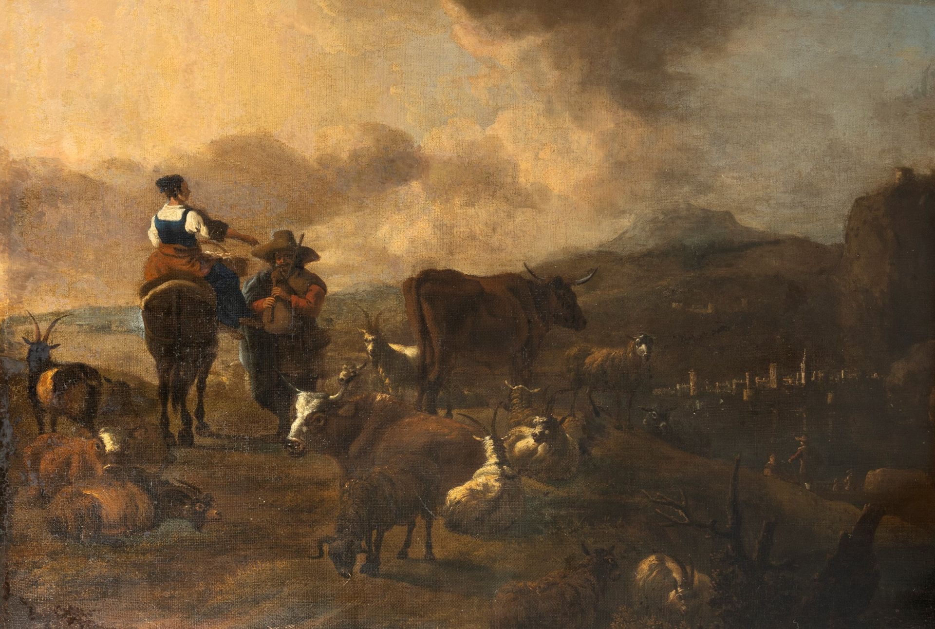 Null 在意大利的Pittore fiammingo attivo, secolo XVII - 牧羊人和牛群的景观

布面油画，无框
82.5 x 112 &hellip;