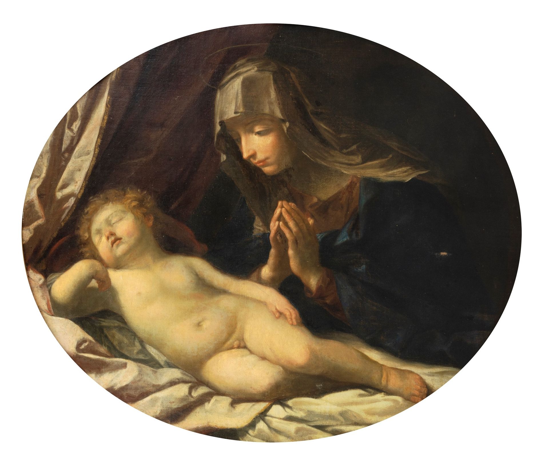 Null 埃米利安纳学校，第十七世纪，吉多-雷尼--崇拜沉睡中的孩子的圣母像

椭圆形画布上的油画
94 x 112厘米
