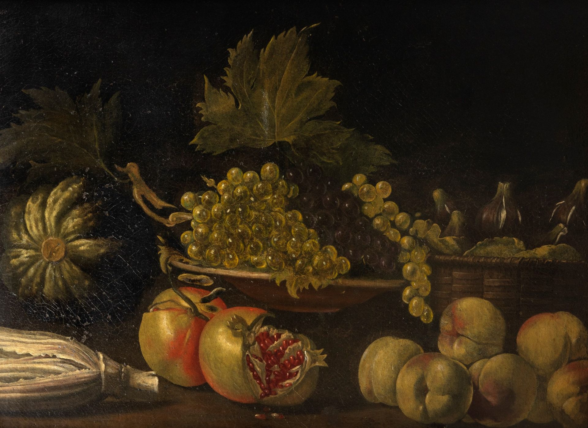 Null Scuola romana, secolo XVIII - Still life with a basket of fruit and pomegra&hellip;