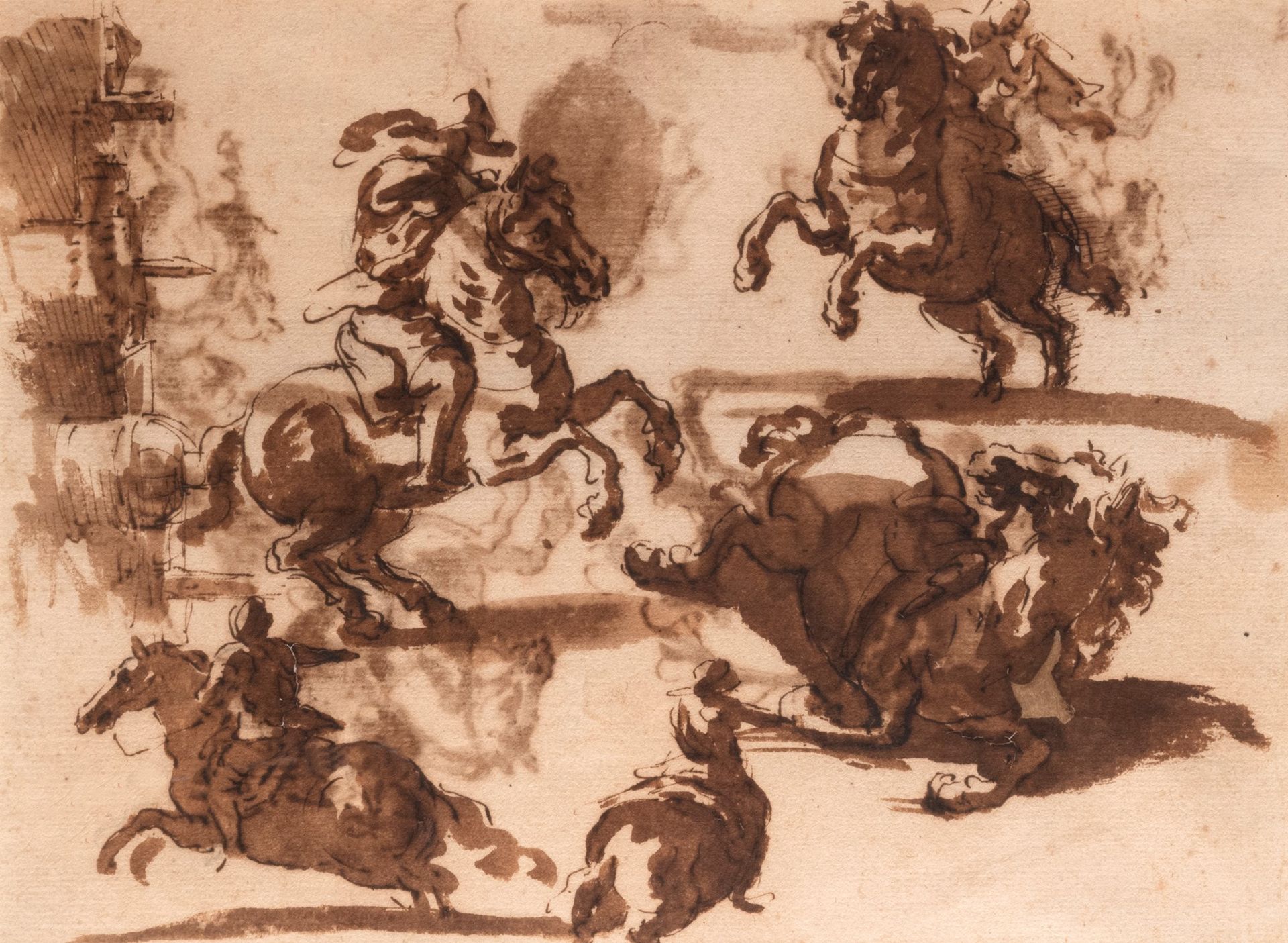 Null Scuola italiana, secolo XVIII - 骑士和马的研究（正面和背面）

纸上钢笔和棕色水彩墨水
195x264mm
背面有收藏&hellip;