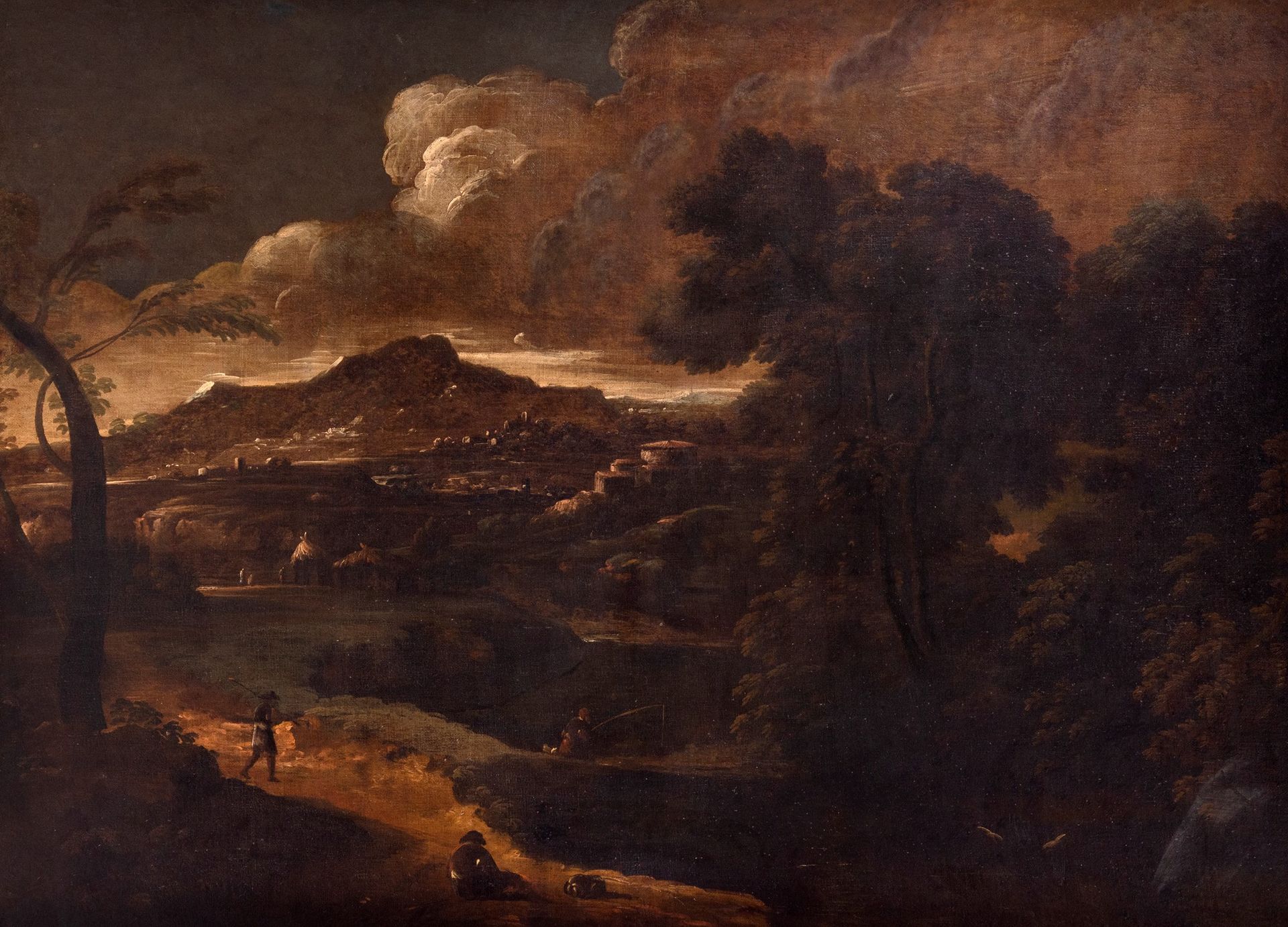 Null Cerchia di Gaspard Dughet (Roma 1615 - 1675) - Paesaggio fluviale con pesca&hellip;