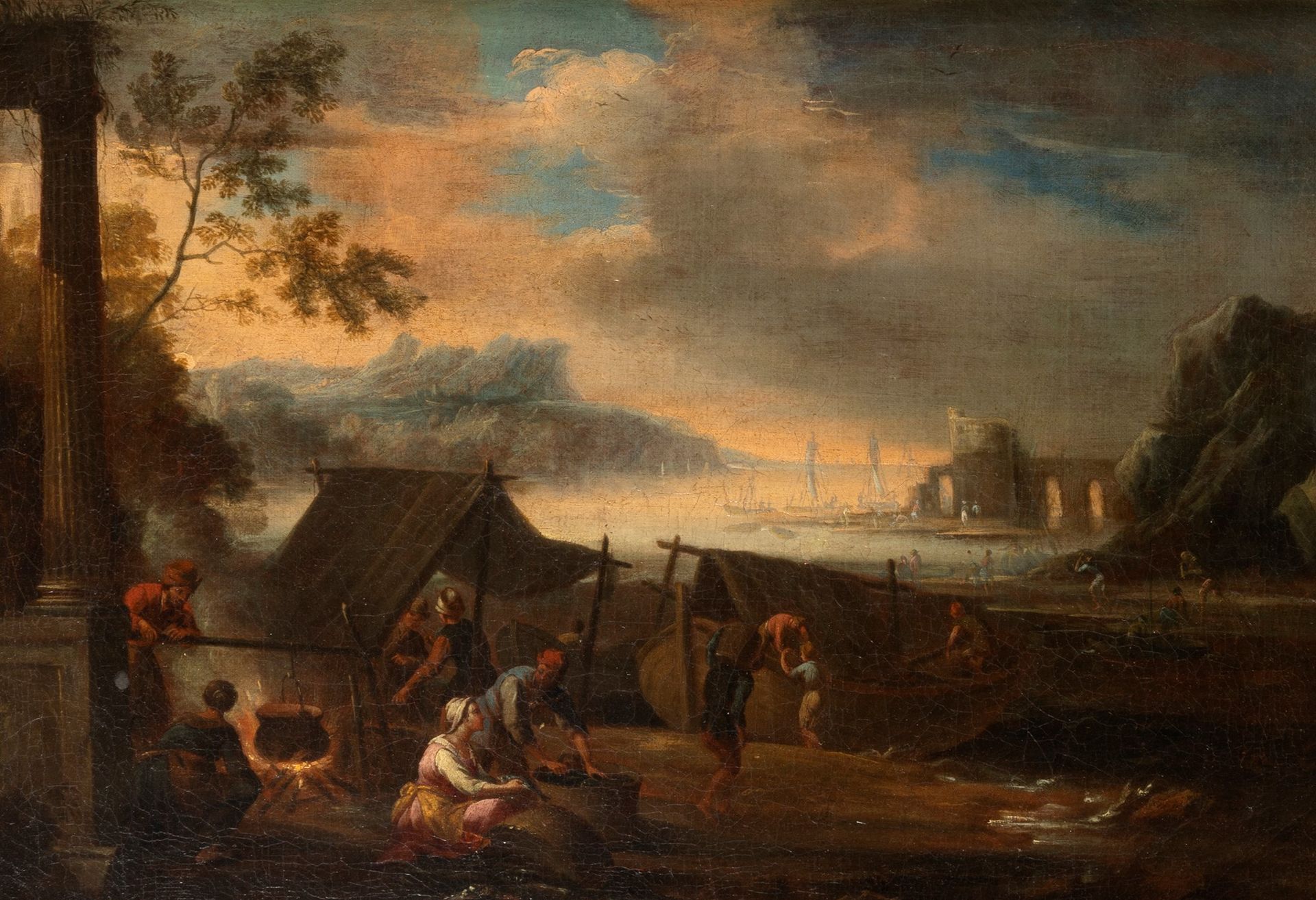 Null Scuola fiamminga, secolo XVII - Paesaggio fluviale con figure vicino a rovi&hellip;