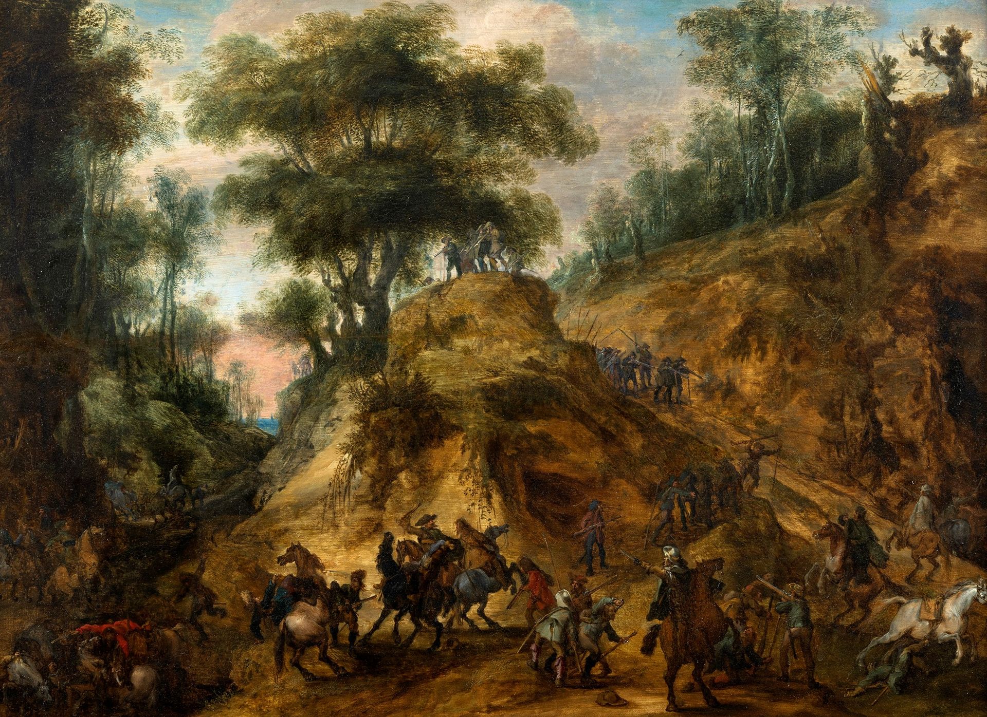 Null Scuola fiamminga, secolo XVII - Paesaggio boschivo con scena di battaglia

&hellip;