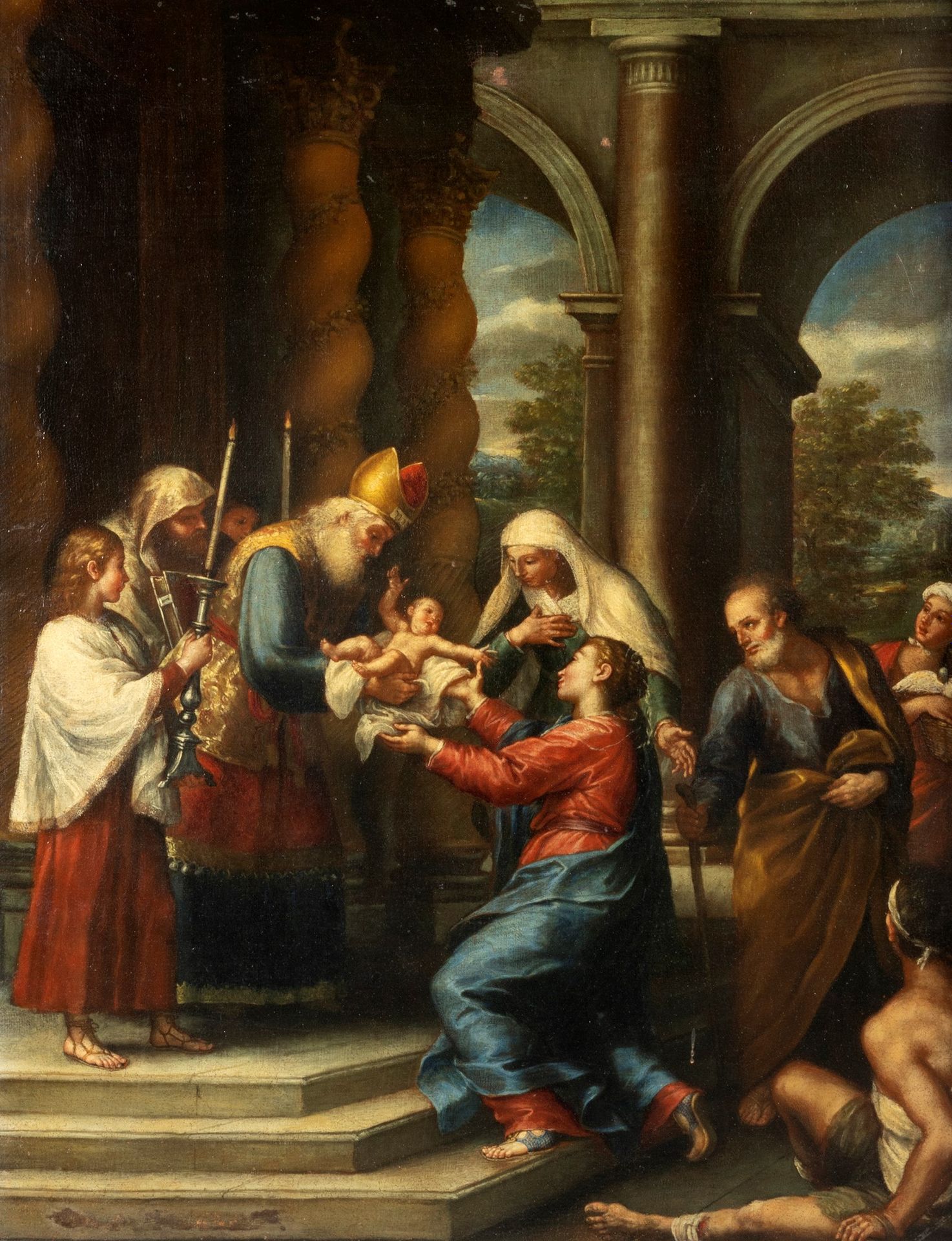 Null Scuola emiliana, secolo XVII - Darstellung von Jesus im Tempel

Öl auf Lein&hellip;