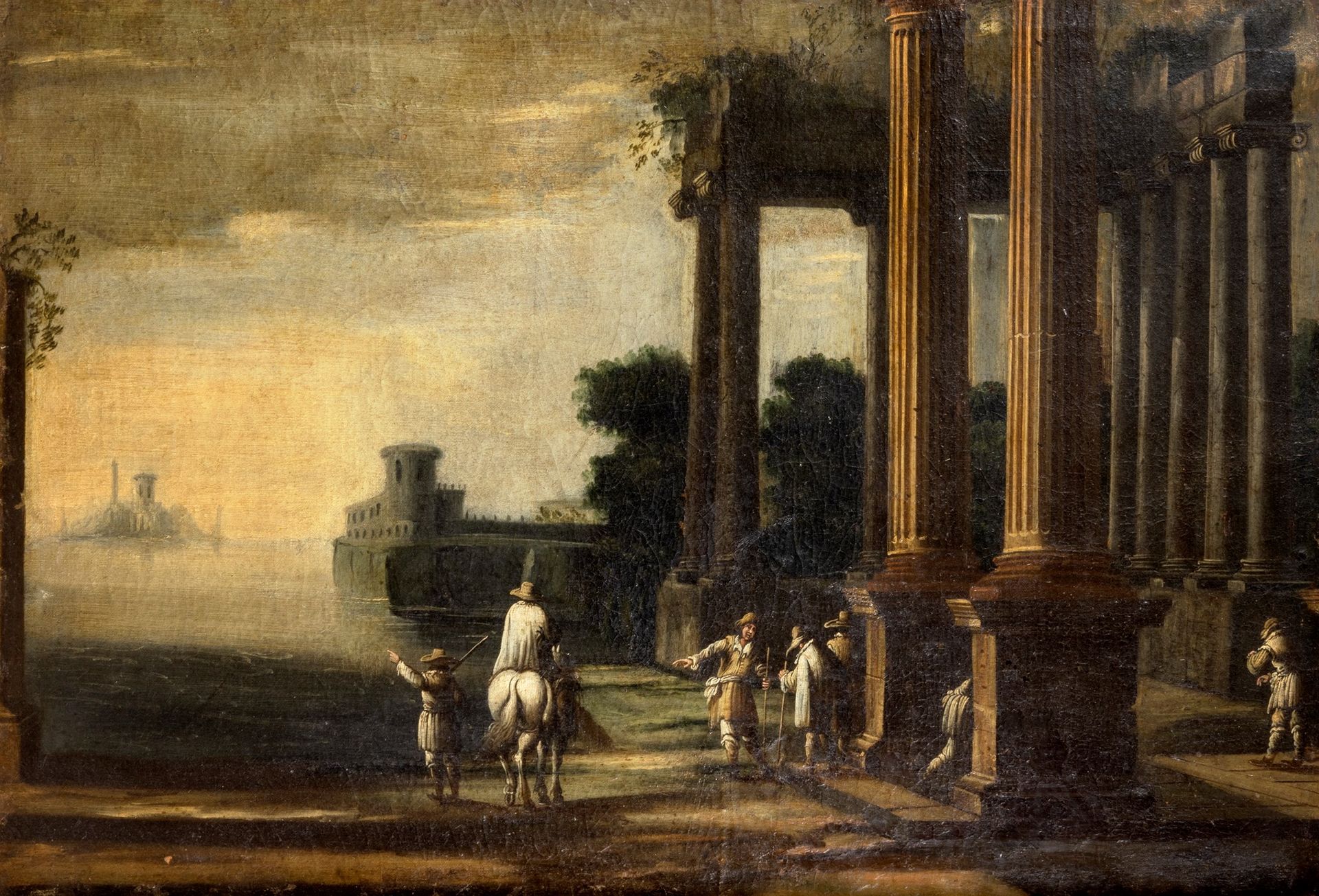 Null Scuola italiana, secolo XVII - 建筑随想曲，背景是骑士、旁观者和堡垒。

无衬里画布上的油画
67.5 x 95厘米