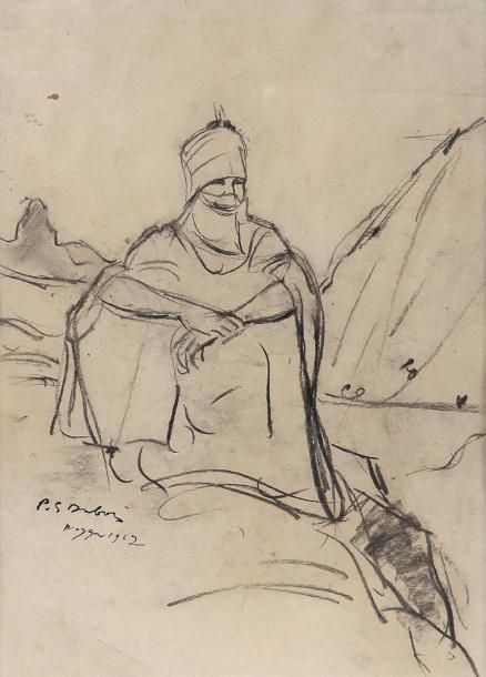 Paul-Elie DUBOIS (1886-1949) Touareg assis dans le désert Dessin au fusain signé&hellip;
