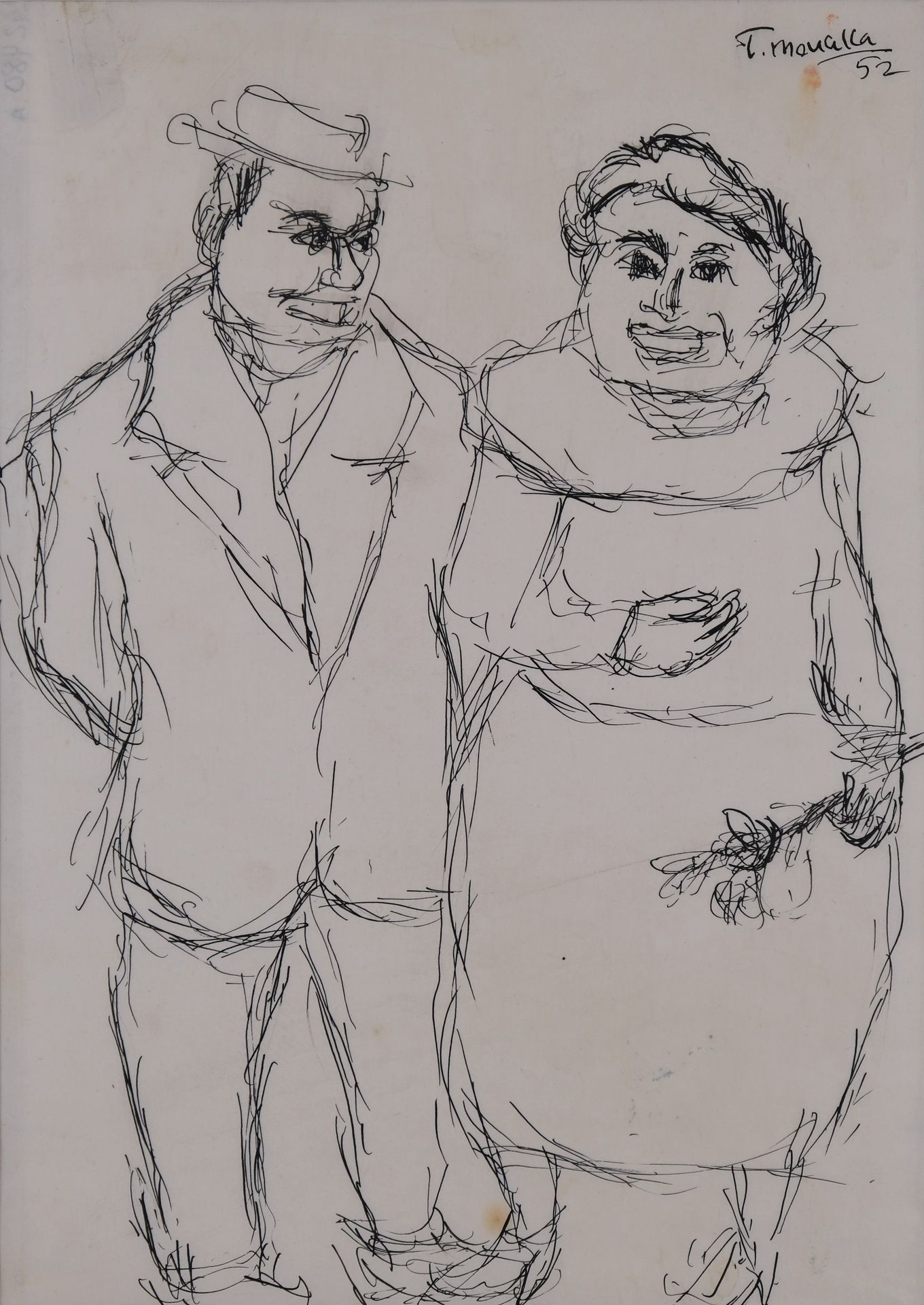 Null MOUALLA Fikret (1903-1967). Le couple. Encre sur papier pelure. Signé et da&hellip;