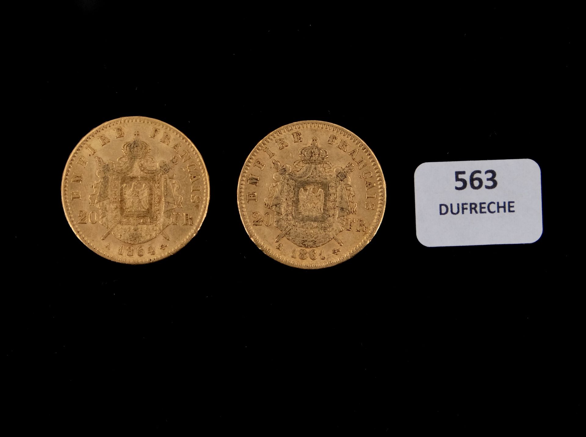 Null Two 20 franc gold Napoleon III head, 1861 A and 1864 A.