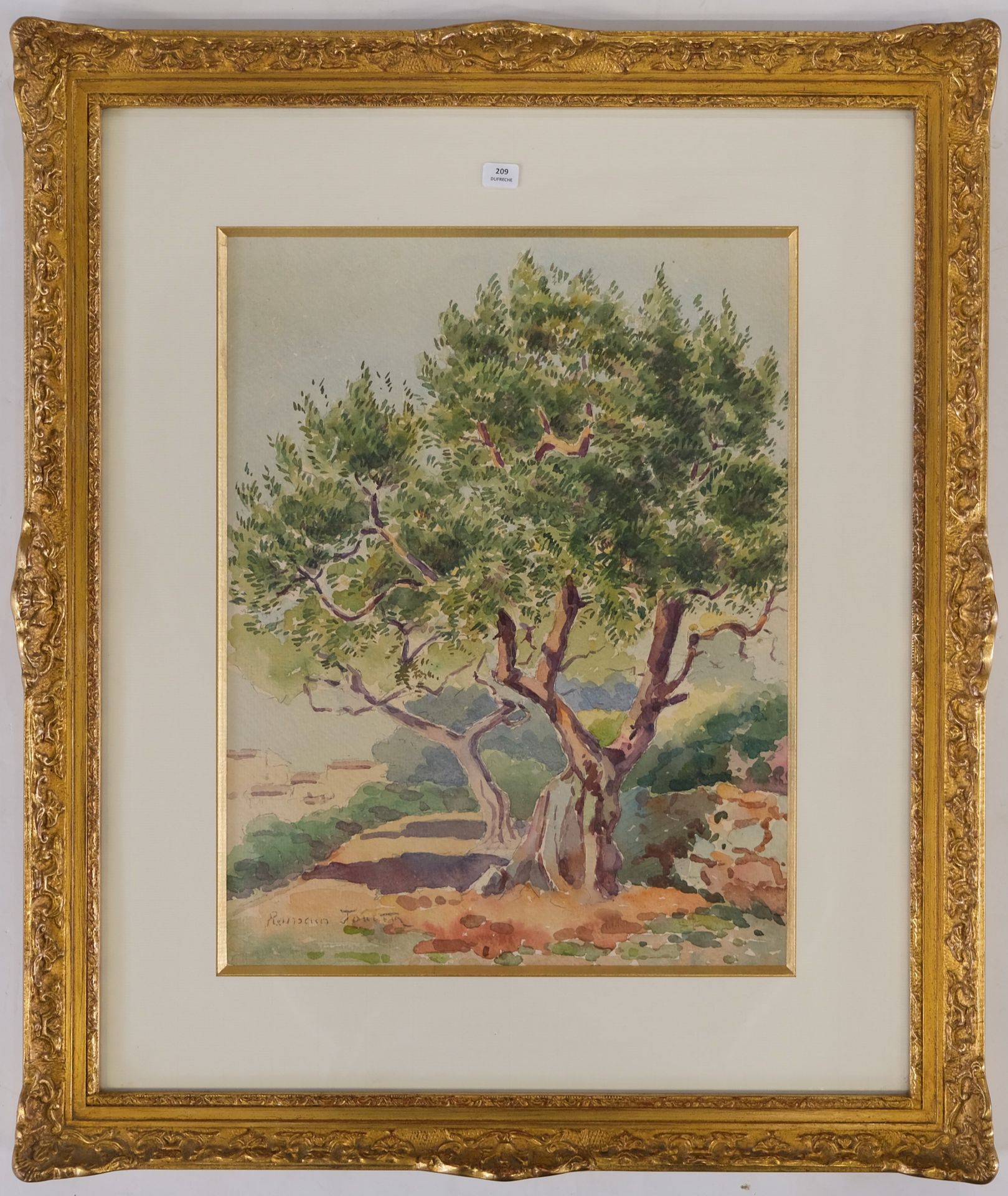 Null JOUVEN Romain (1873-1929). Paysage à l'arbre. Aquarelle. Signée en bas à ga&hellip;