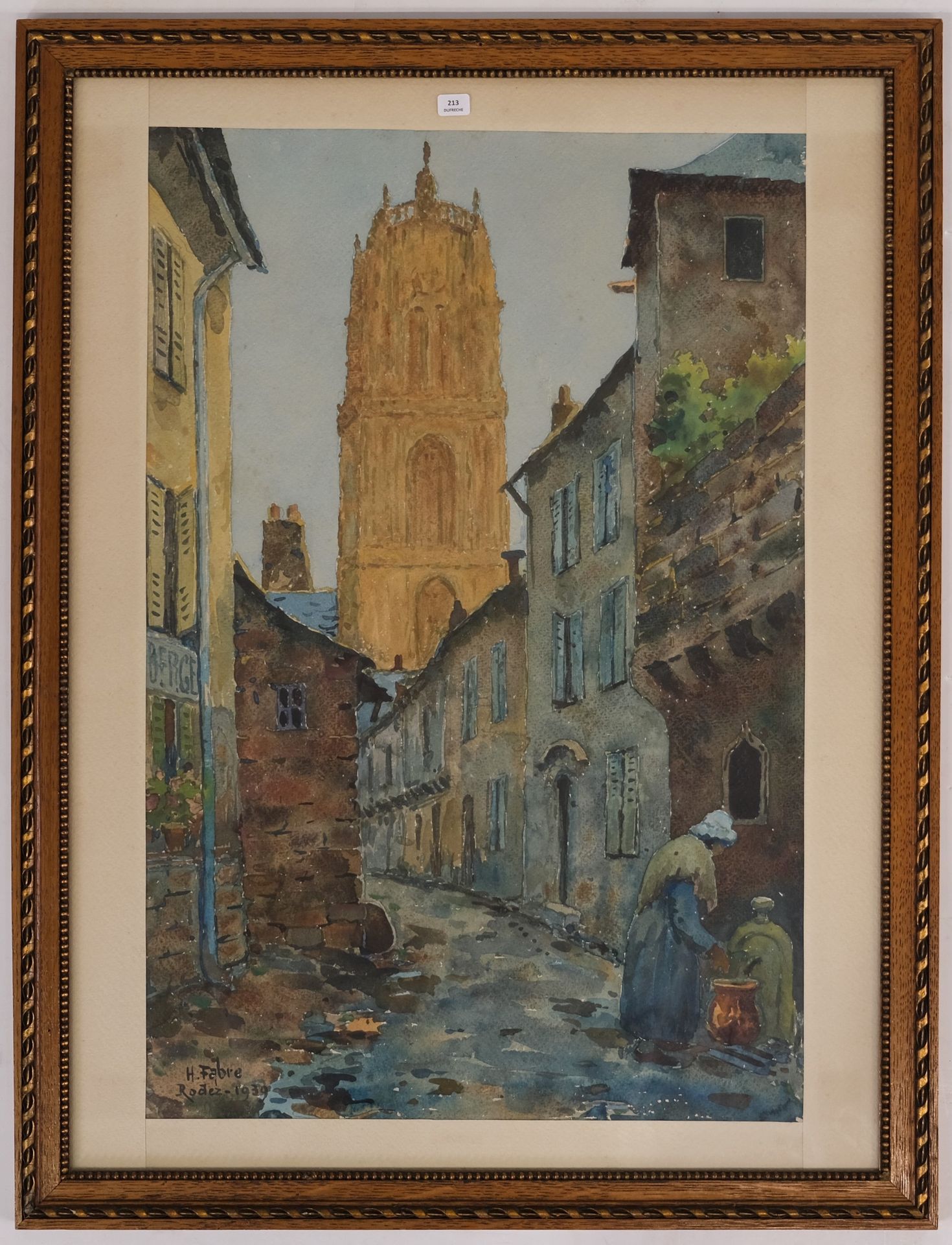 Null FABRE Henri (1880-1950). Rue sur la cathédrale de Rodez. Aquarelle. Signée,&hellip;