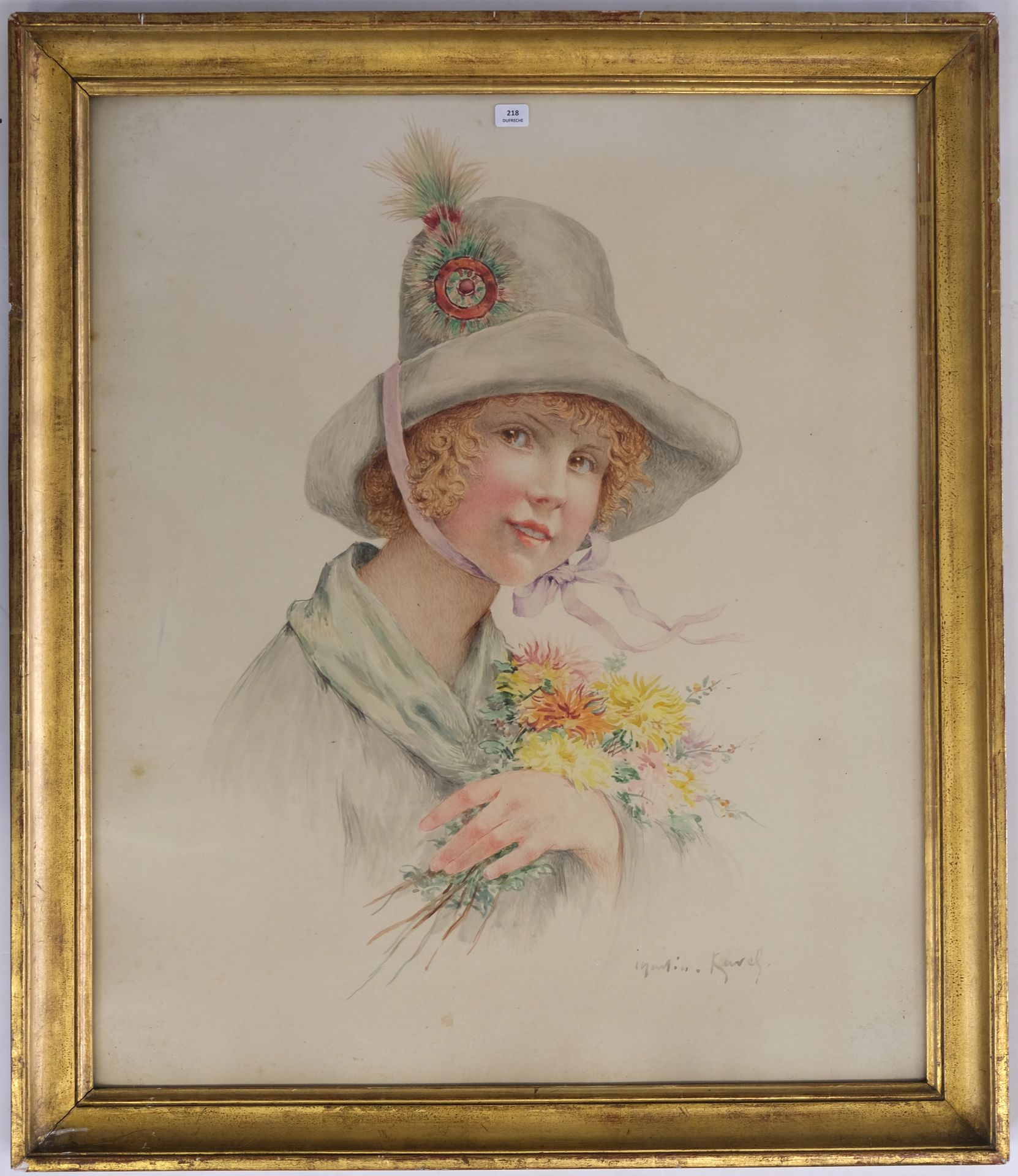 Null MARTIN-KAVEL François (1861-1931). Jeune fille au bouquet. Aquarelle. Signé&hellip;