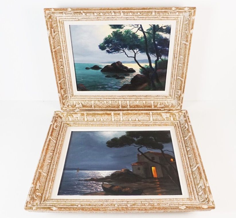 Null 弗朗索瓦-卡布（第二十次），"Littoral au crépuscule"，两幅布面油画形成对应，右下角签名，26 x 33厘米（其中一幅有撕裂）。