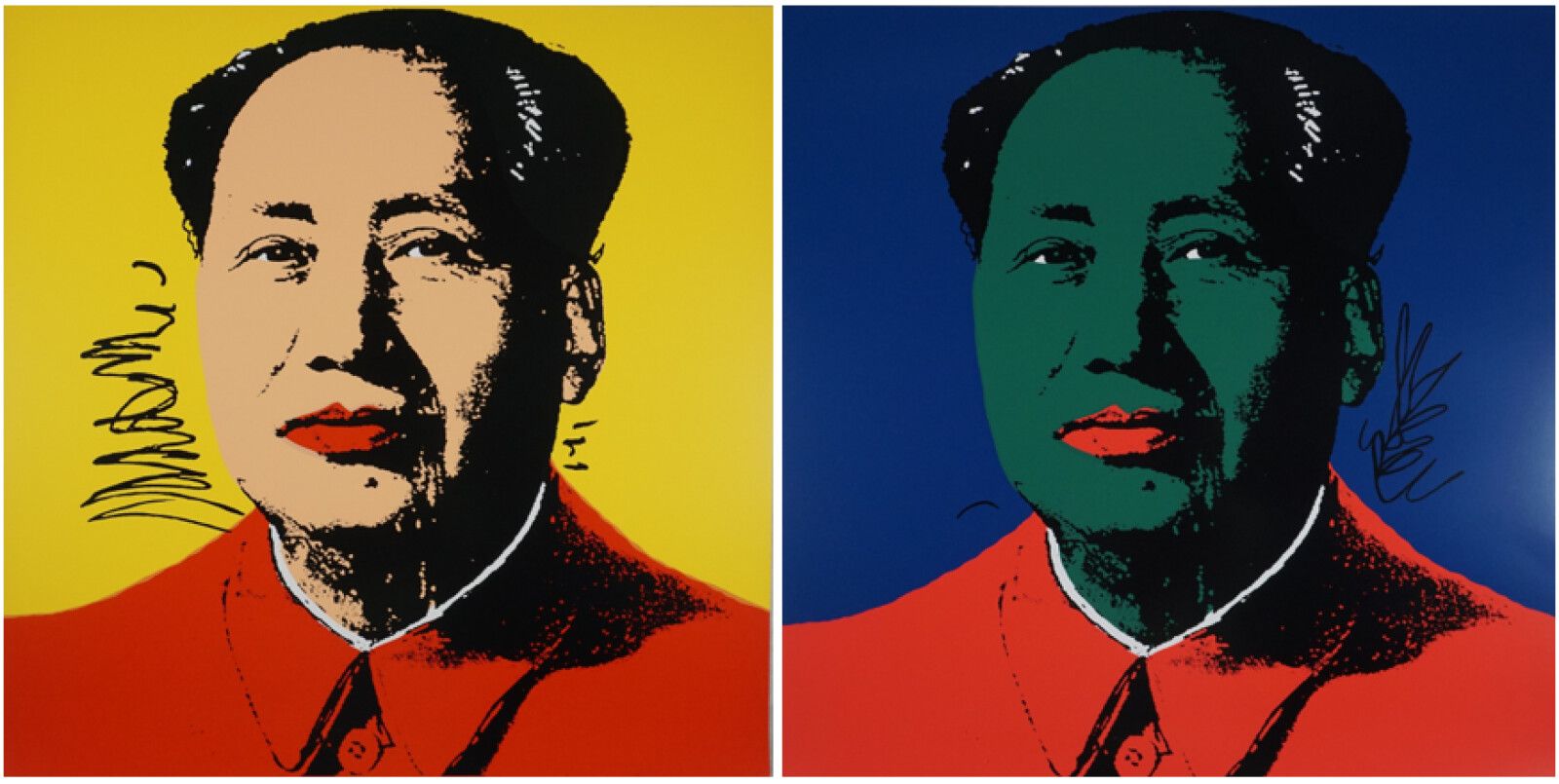 Null D'après Andy WARHOL (1928-1987), "Mao" & "Mao vert", deux sérigraphies, ann&hellip;