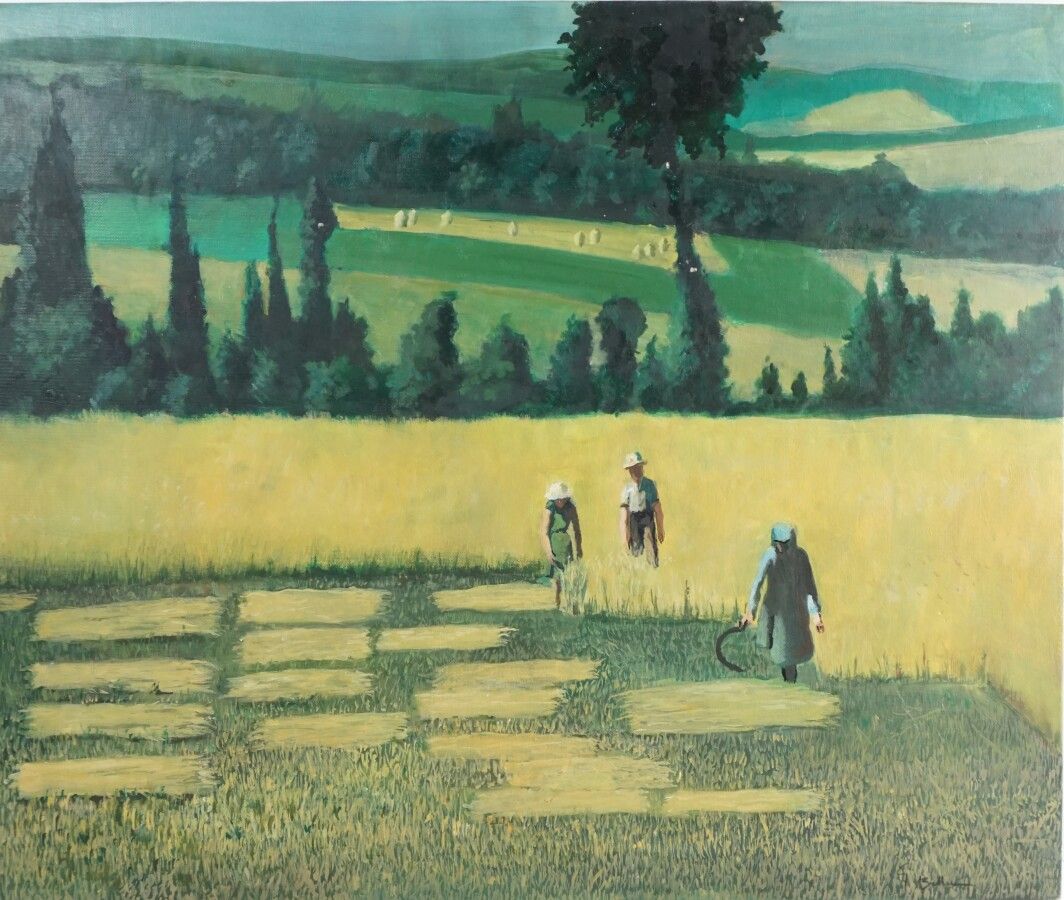 Null Georges BELLEC (1918-2012), "Travail à la faux", oil on canvas mounted on c&hellip;