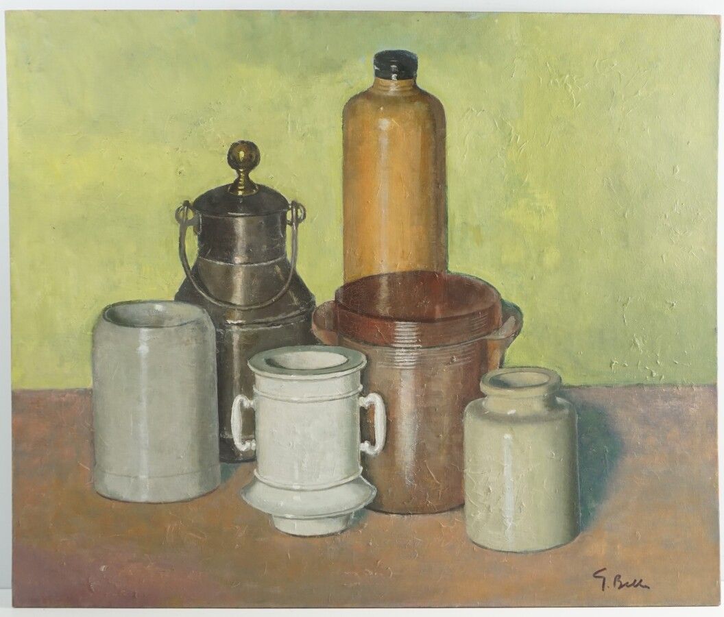 Null Georges BELLEC (1918-2012), "Nature morte aux pots", olio su tela montato s&hellip;