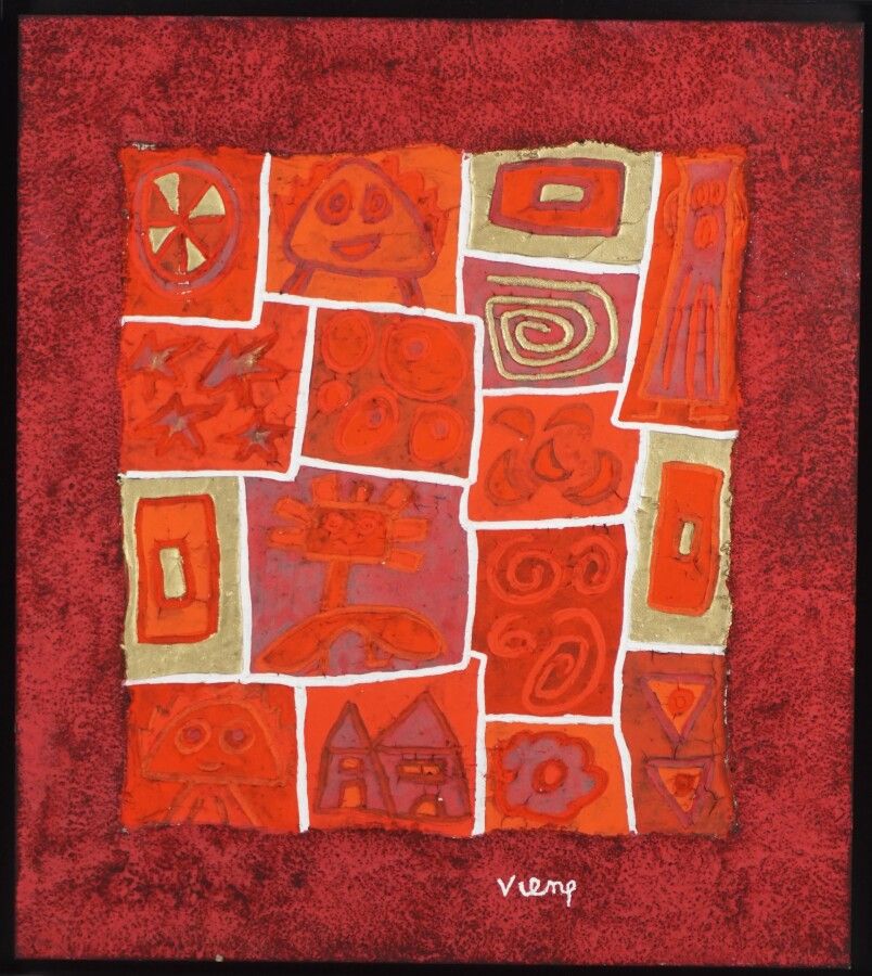Null Daniel VIENE (1955-2013), "Composition rouge", technique mixte sur toile si&hellip;