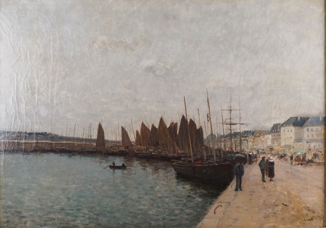 Null 皮埃尔-佩罗(1851-?)，"盆地里的帆船，布列塔尼或诺曼底"，布面油画，右下方签名，45 x 65厘米。