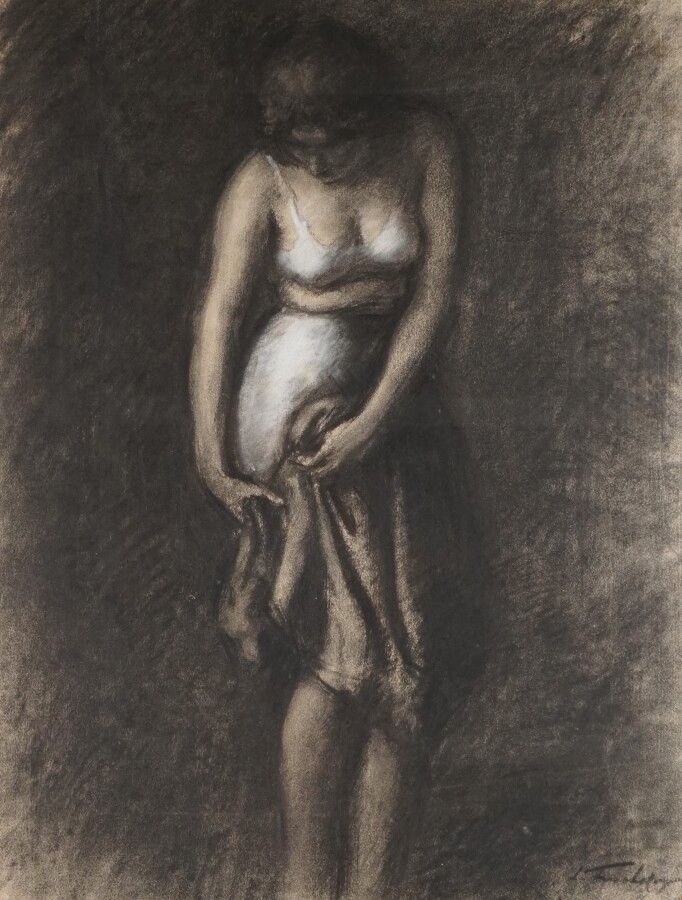 Null Leonide FRECHKOP (1897-1982), "Femme se déshabillant", dibujo a carboncillo&hellip;