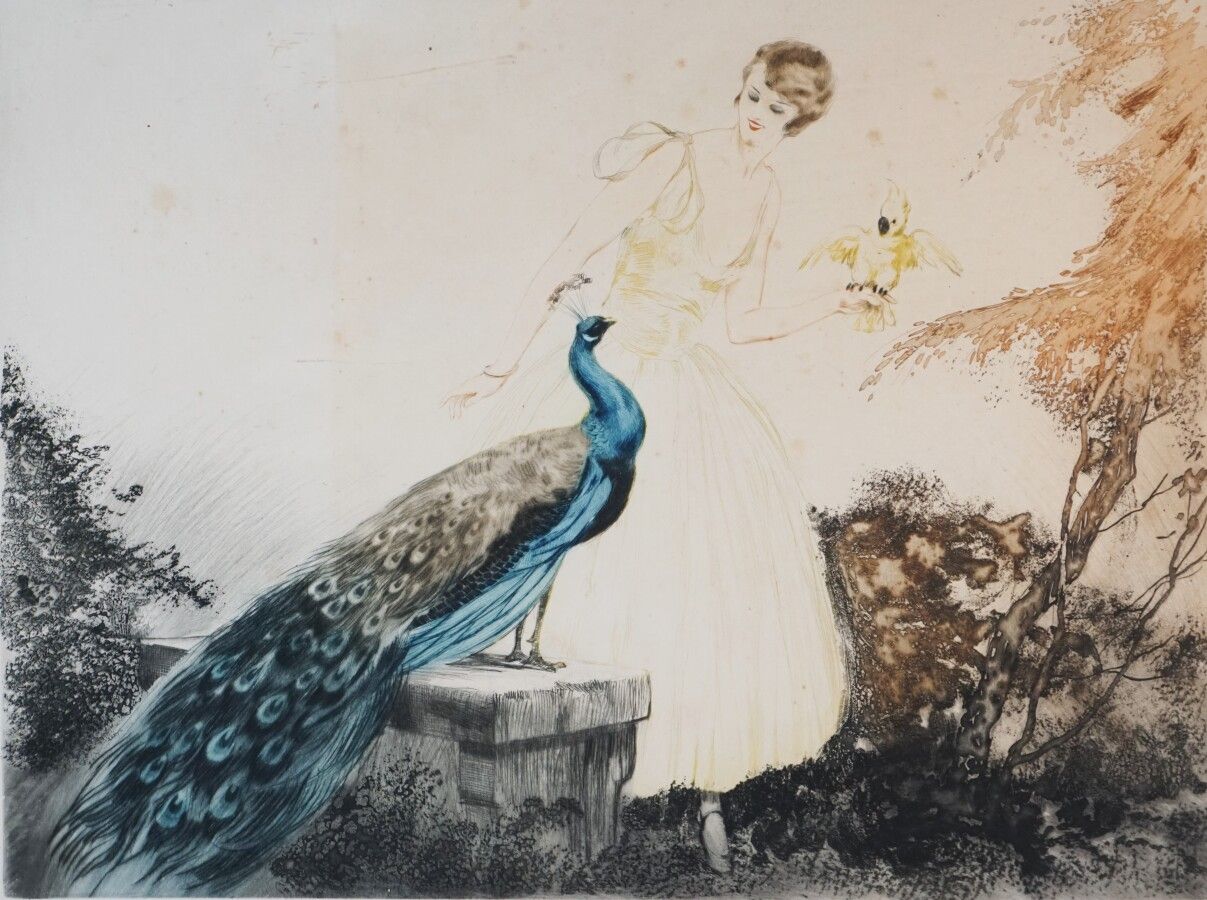 James II HARDY (1832-1889), "Dame au paon et au perroquet", aquatinte signée au &hellip;