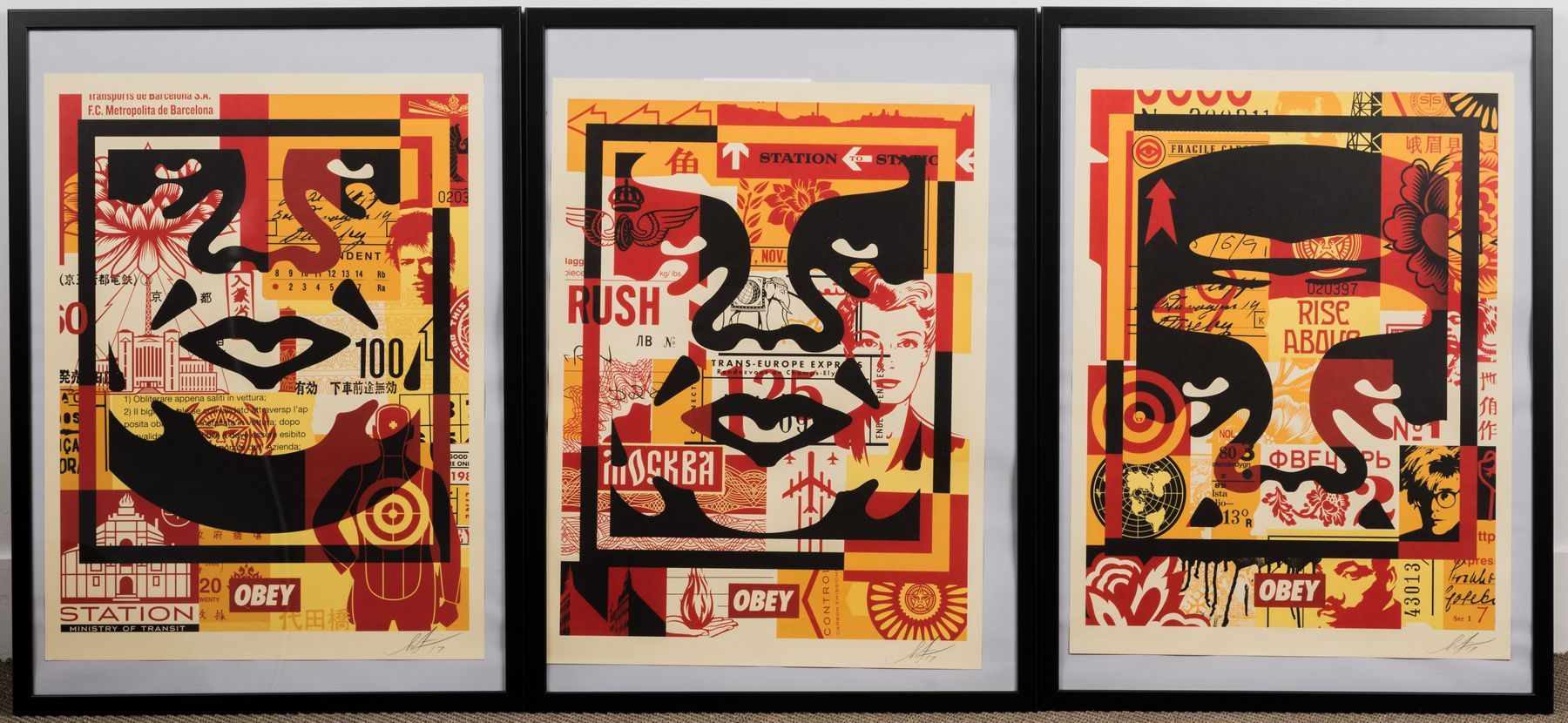 Null OBEY 

Obey red triptych, 2019

Offset lithograph dated and signed by the a&hellip;