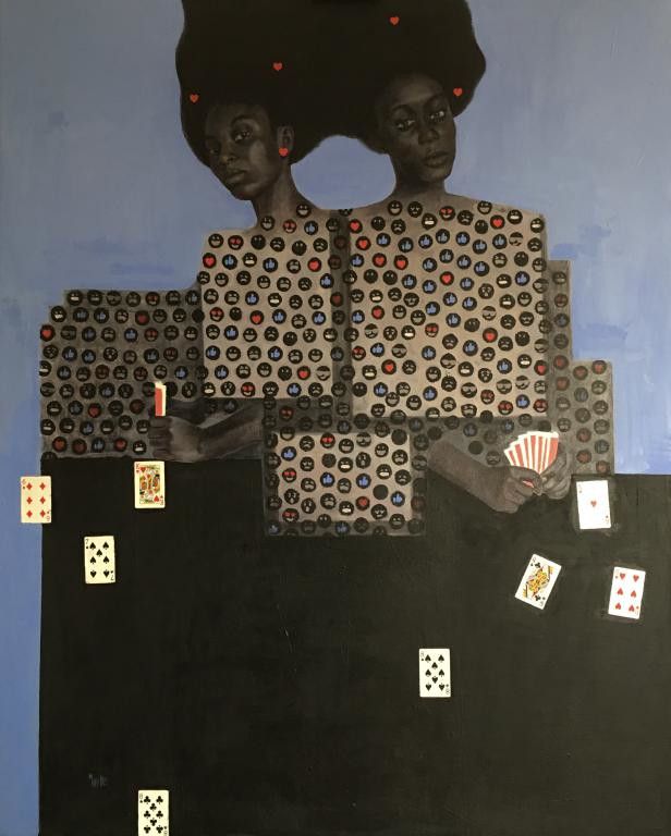 Null OPEDUN Damilola（生于1983年，尼日利亚），"参赛者"，混合媒体和布面油画，有签名和日期。150 x 120厘米