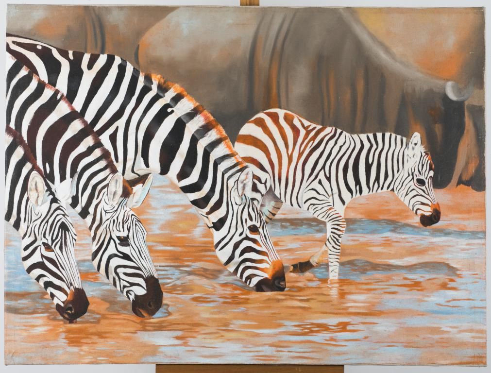 Null ARIM Andrew (geb. 1981, Uganda), "Zebras", Acryl auf Leinwand, 90 x 120 cm.&hellip;