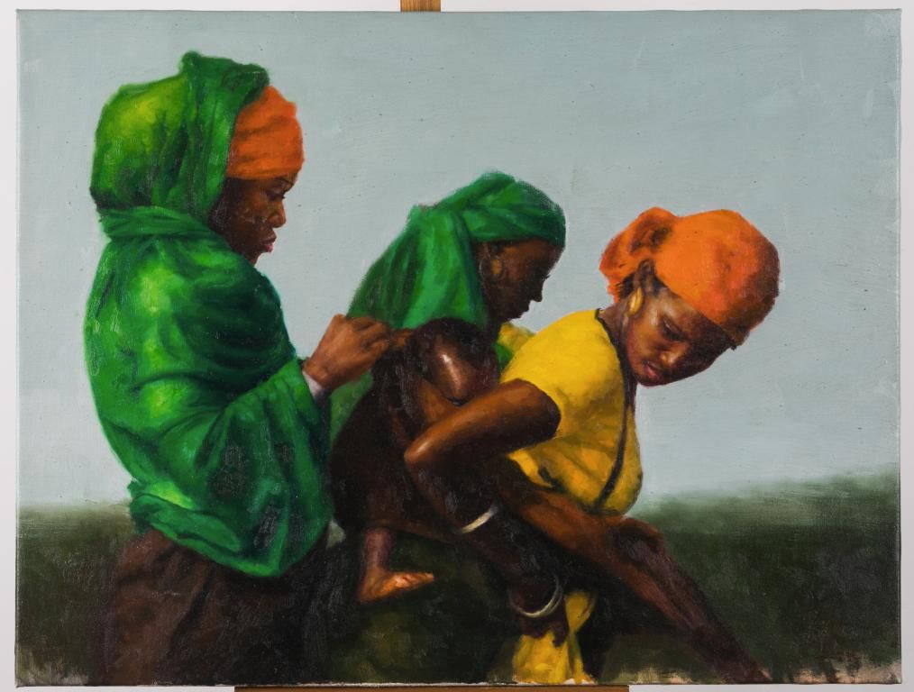 Null RAJI Mohammed Babatunde（1986年出生，尼日利亚），"姐妹支持"，2020年。布面油画，右侧有签名和日期，80 x 105厘米&hellip;