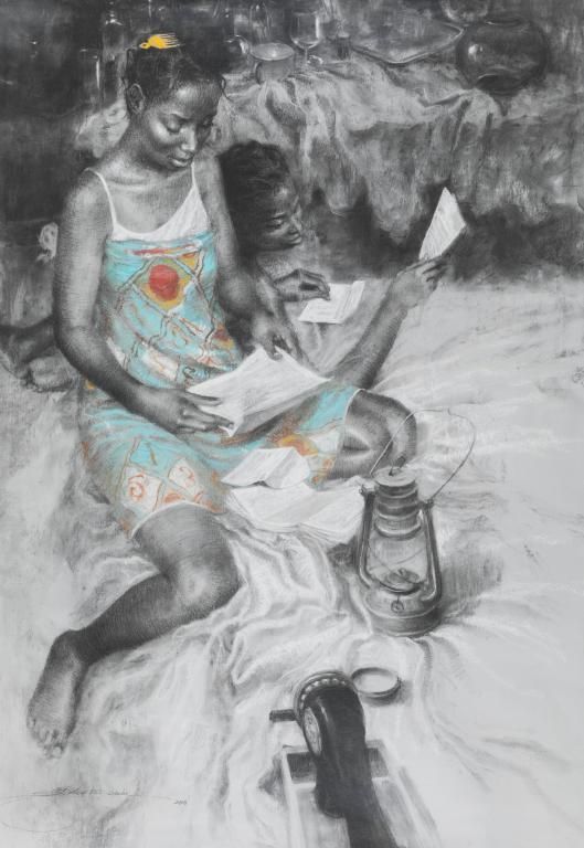 Null 杜杜-斯坦利（1986年生，尼日利亚），《那些情书的日子2》，纸上炭笔，已签名并注明日期。100 x 70厘米。
