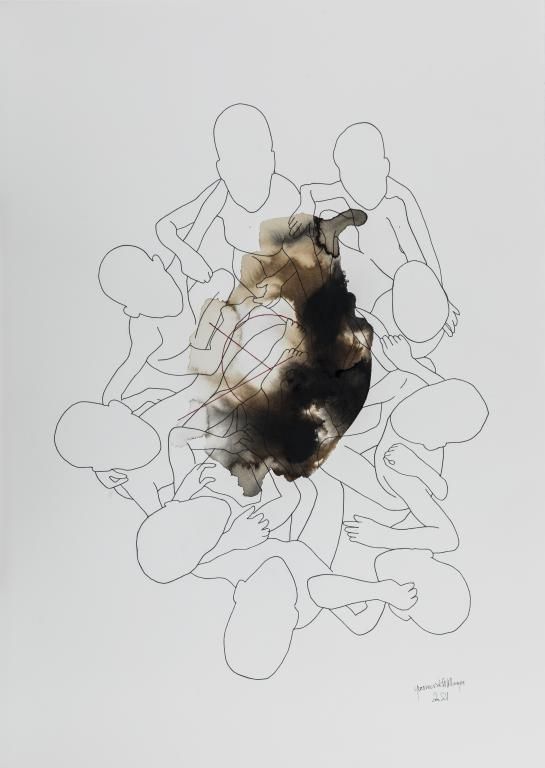 Null MBAYA Yvanovitch（1994年生于刚果），《无题》，印度墨水，钢笔和咖啡渣，纸上，92 x 65cm