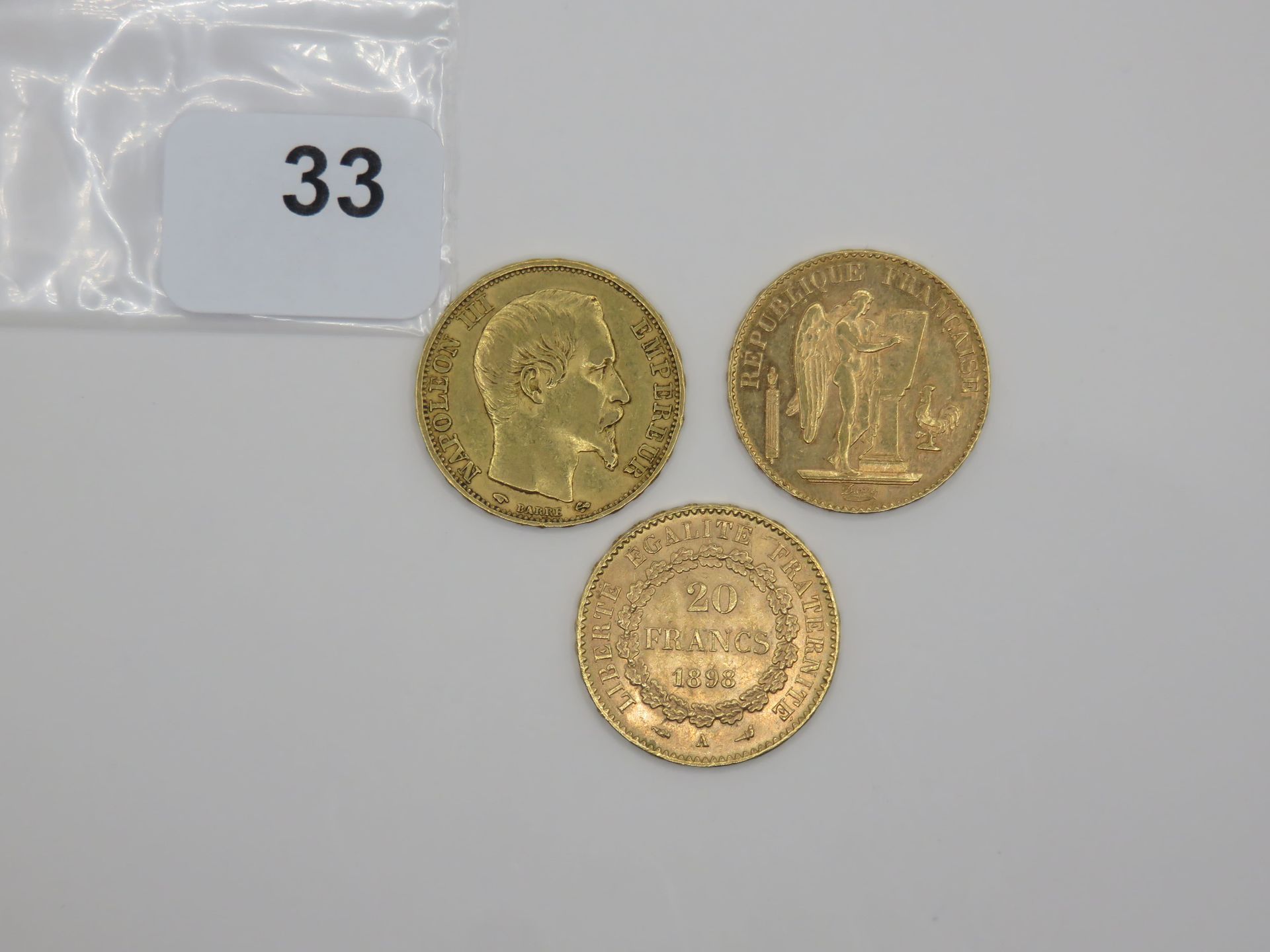 Null Monnaies or - France - Lot de 3 x 20 Francs or, 20 Franc Napoléon III tête &hellip;