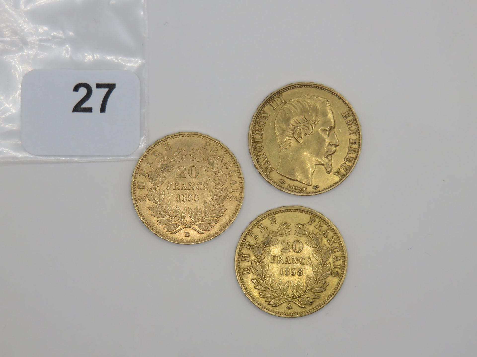 Null Monnaies or - France - Lot de 3 x 20 Francs Napoléon III tête nue, 1855 BB &hellip;