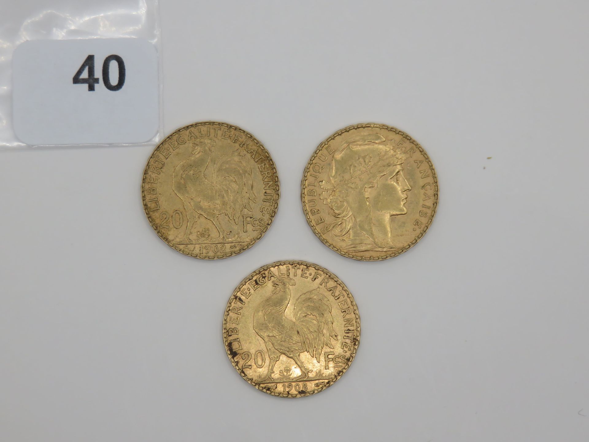 Null Monnaies or - France - Lot de 3 x 20 Francs Coq : 1902 TTB, 1908 TTB et 190&hellip;