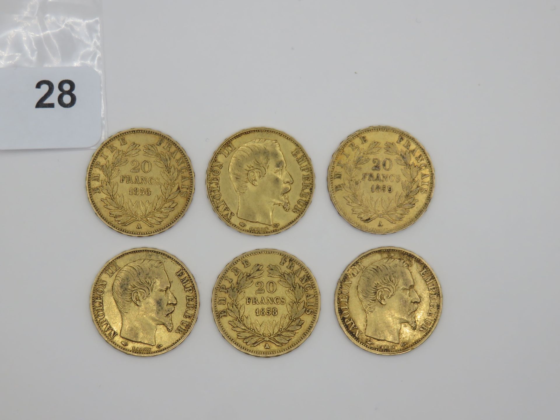 Null Monnaies or - France - Lot de 6 x 20 Francs Napoléon III tête nue (1856 A T&hellip;