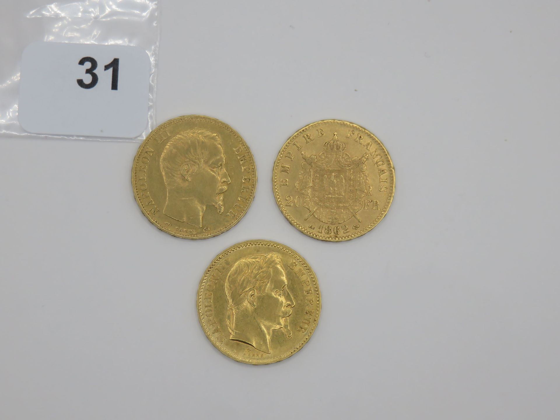Null Monnaies or - France - Lot de 3 x 20 Francs Napoléon III, tête nue 1859 A T&hellip;