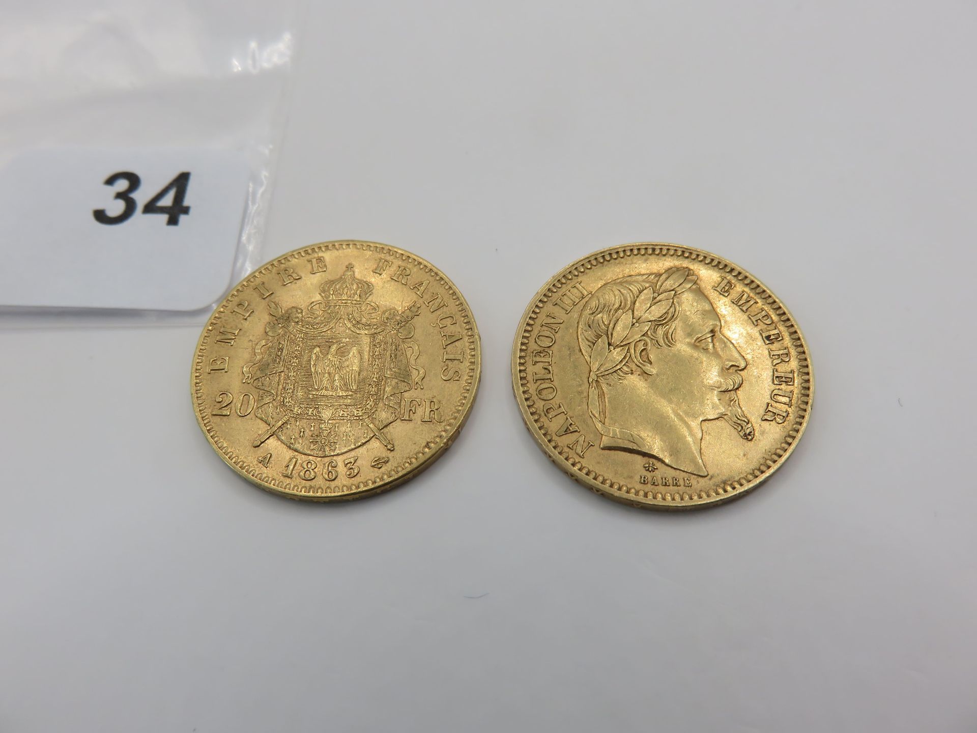 Null Monnaies or - France - Lot de 2 x 20 Francs Napoléon III tête laurée, 1863 &hellip;