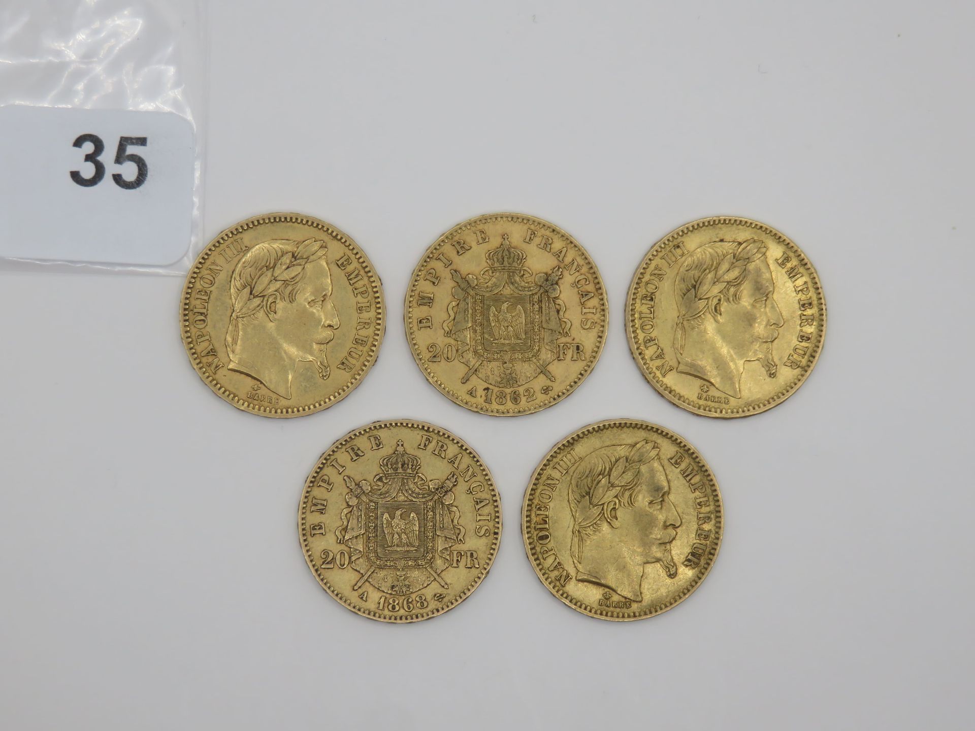 Null Monnaies or - France - Lot de 5 x 20 Francs Napoléon III tête laurée (1861 &hellip;