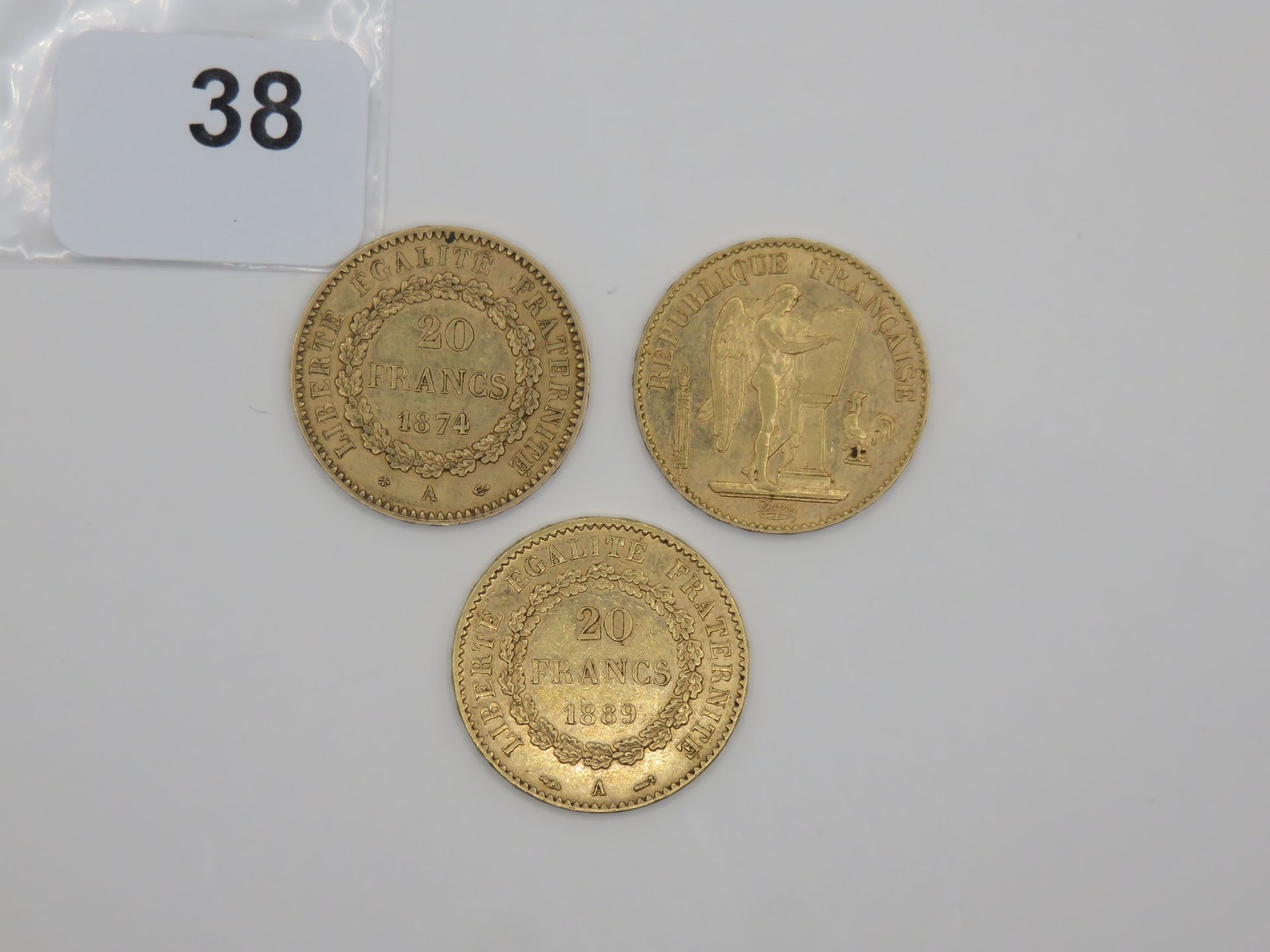 Null Monnaies or - France - Lot de 3 x 20 Francs Génie IIIème République :1874 A&hellip;