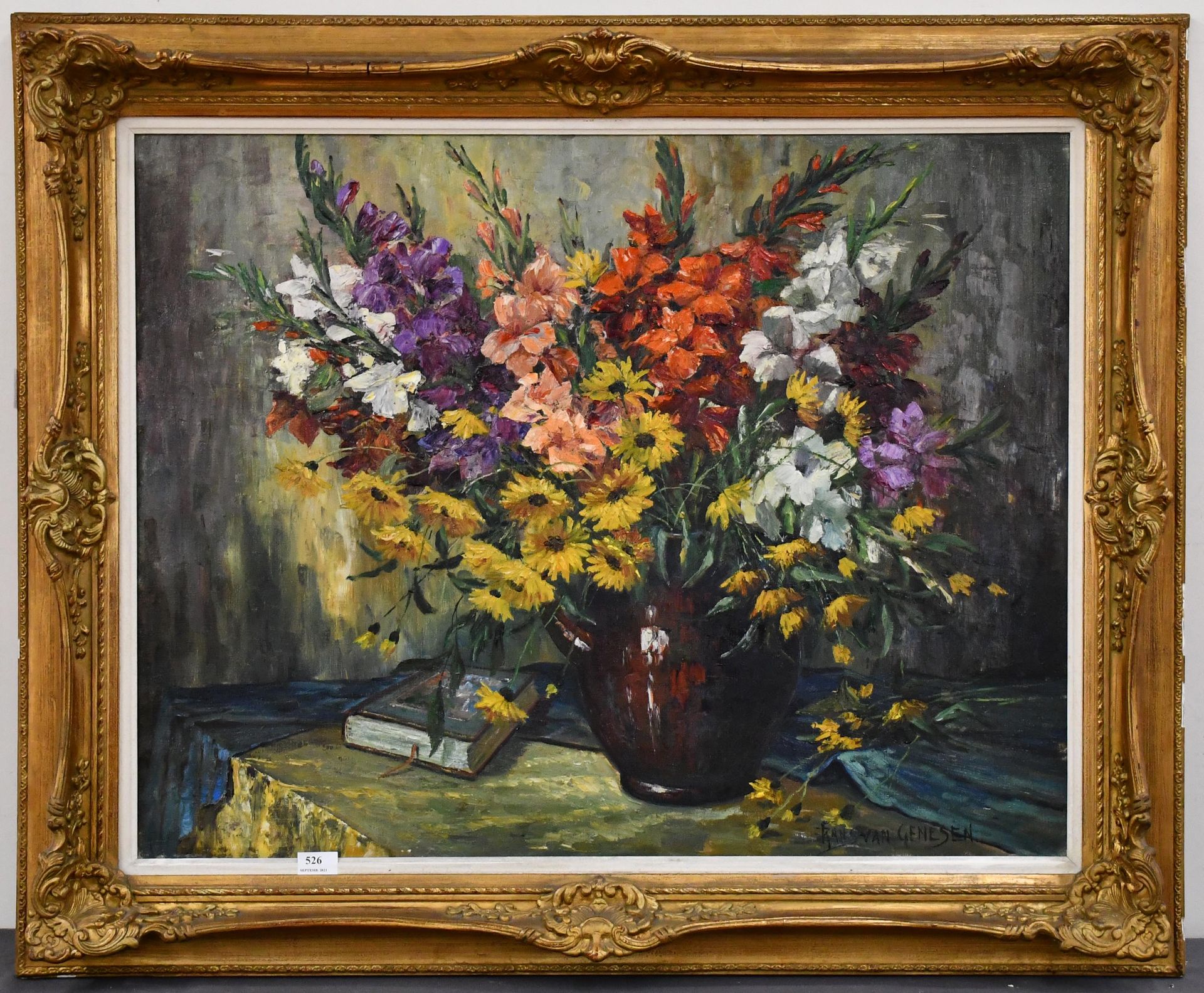 Null Frans Van Genesen

布面油画："有花的静物"。签名。尺寸：70厘米×90厘米。