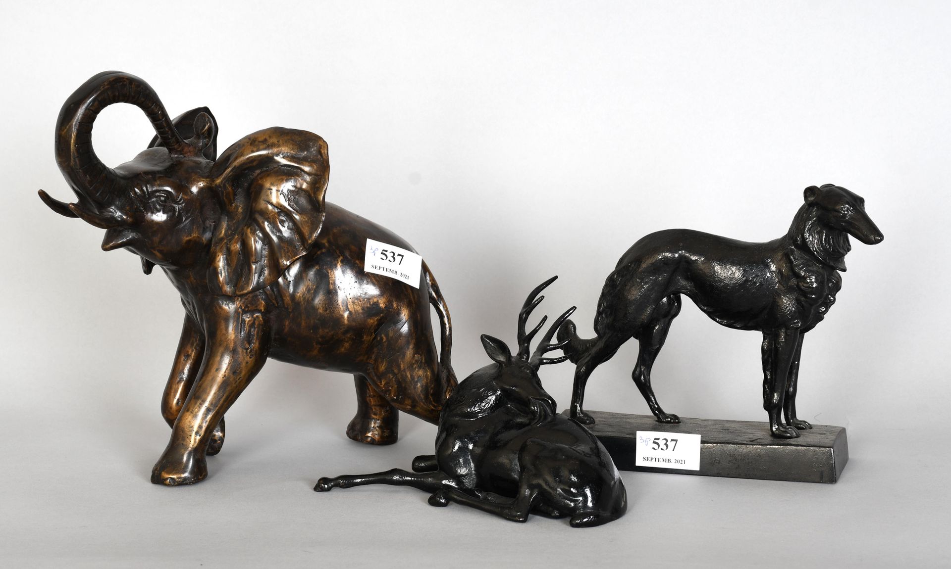 Null Set of three patinated metal scepters : "Greyhound", "Elephant" and "Stag" &hellip;